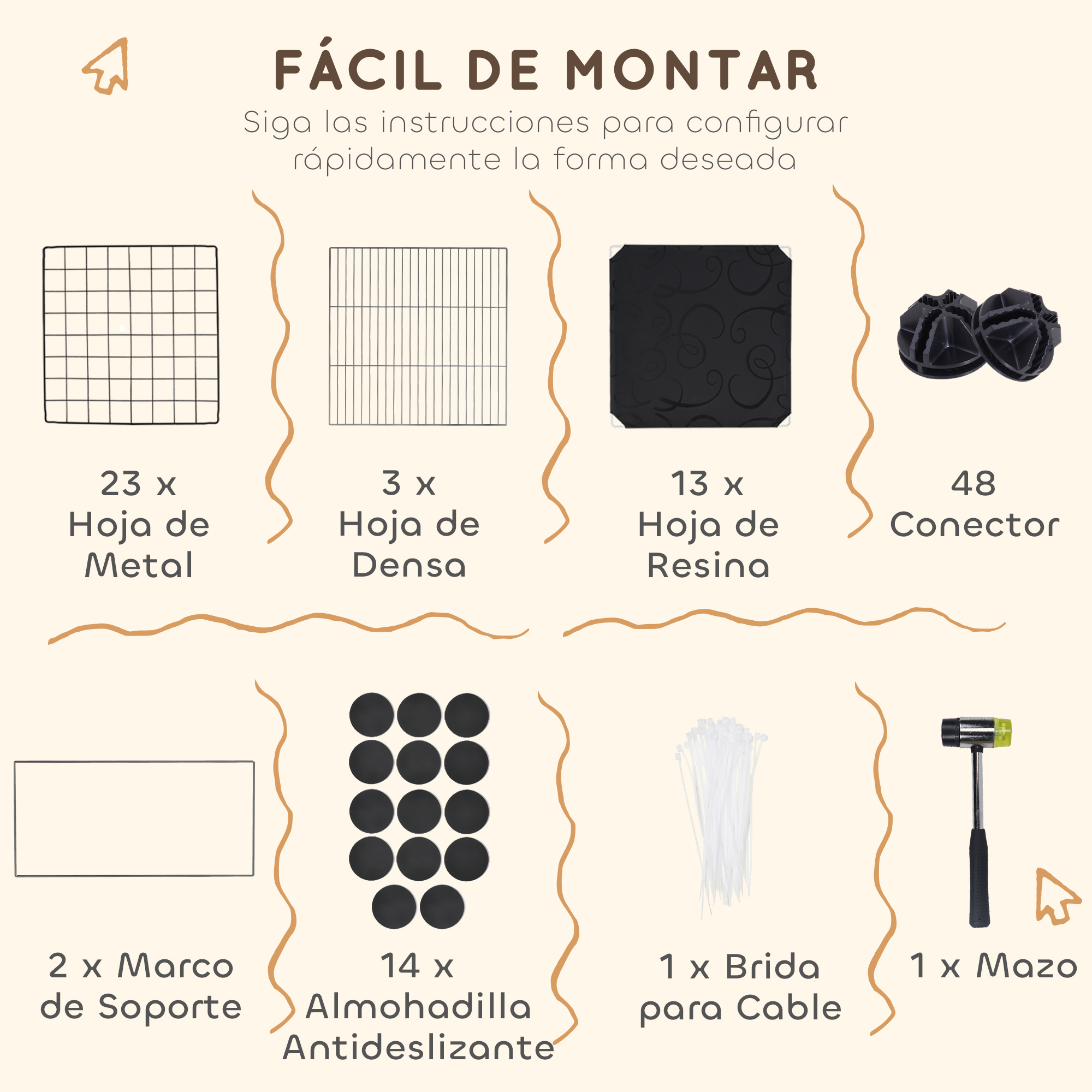 Diagrama de componentes de montaje. Incluye hojas de metal, densas y de resina, conectores y un martillo.