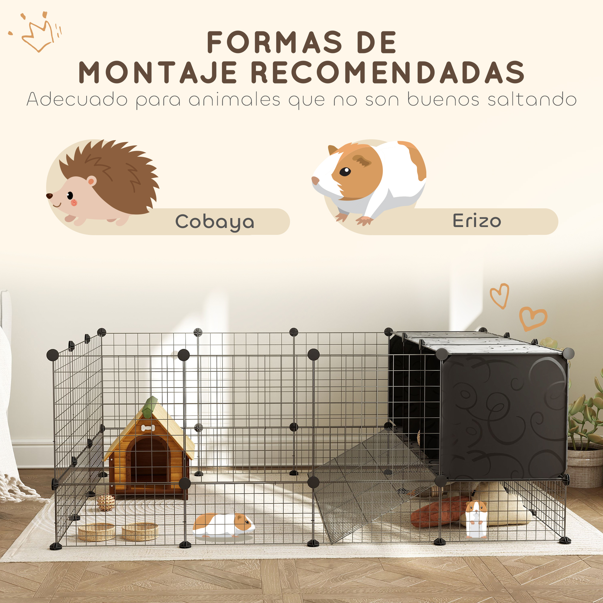 Un hábitat para mascotas con un conejillo de indias y un erizo. El texto dice: Formas de montaje recomendadas. Adecuado para animales que no son buenos saltadores.