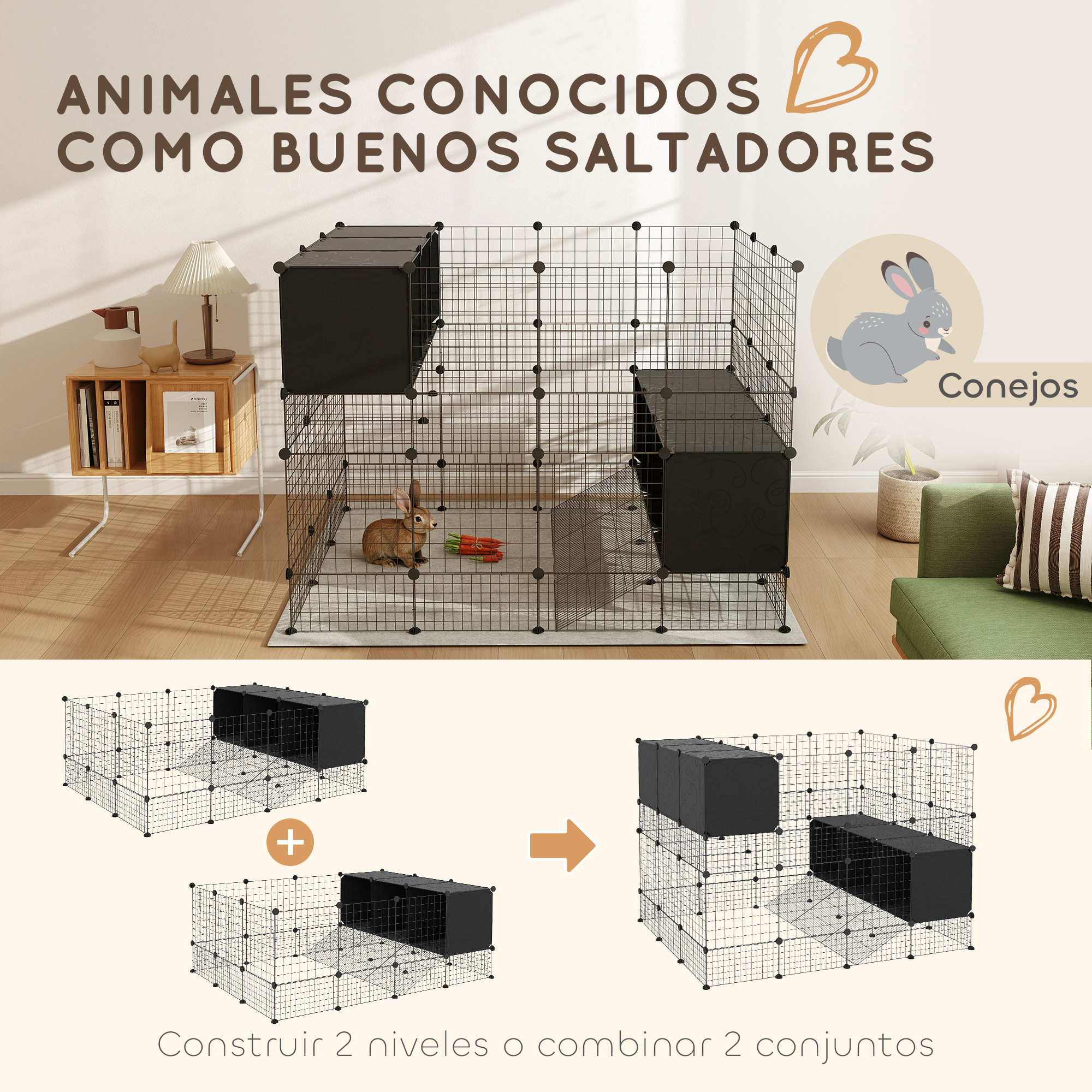 Un hábitat para mascotas con un conejo. El texto dice, Animales conocidos por ser buenos saltadores. Instrucciones sobre cómo construir.