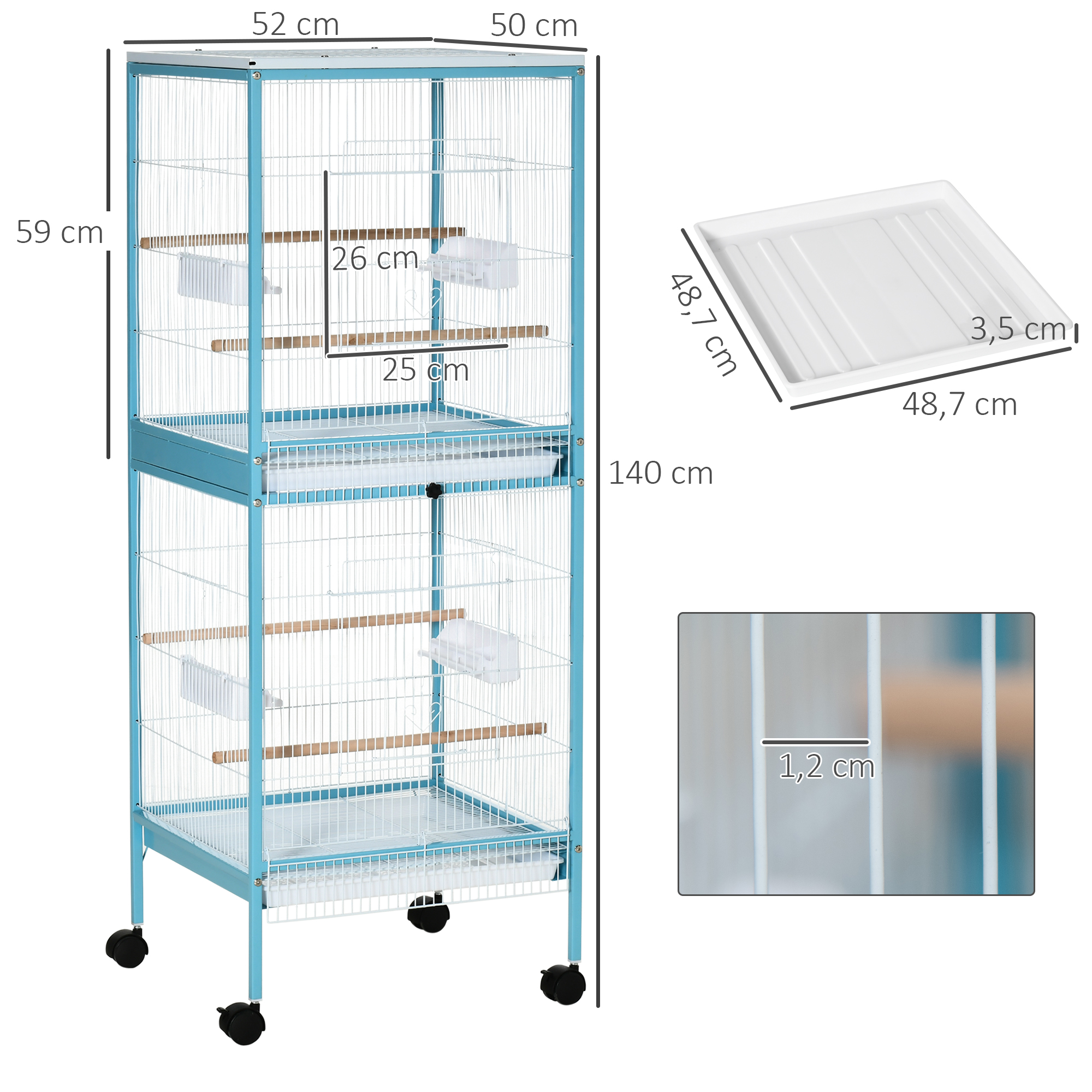 Jaula azul con medidas y bandeja blanca. Diagrama con dimensiones.