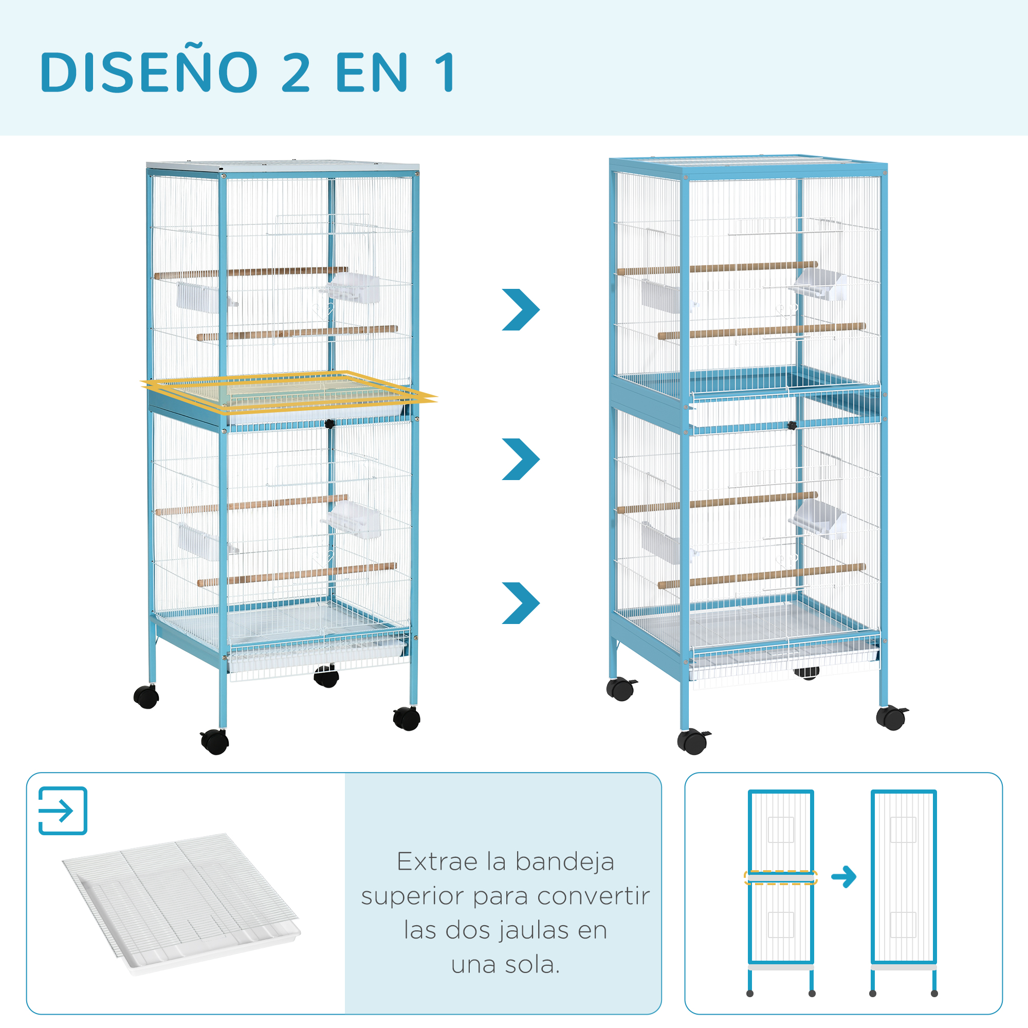 Diagrama que muestra cómo convertir una jaula en un diseño 2 en 1.