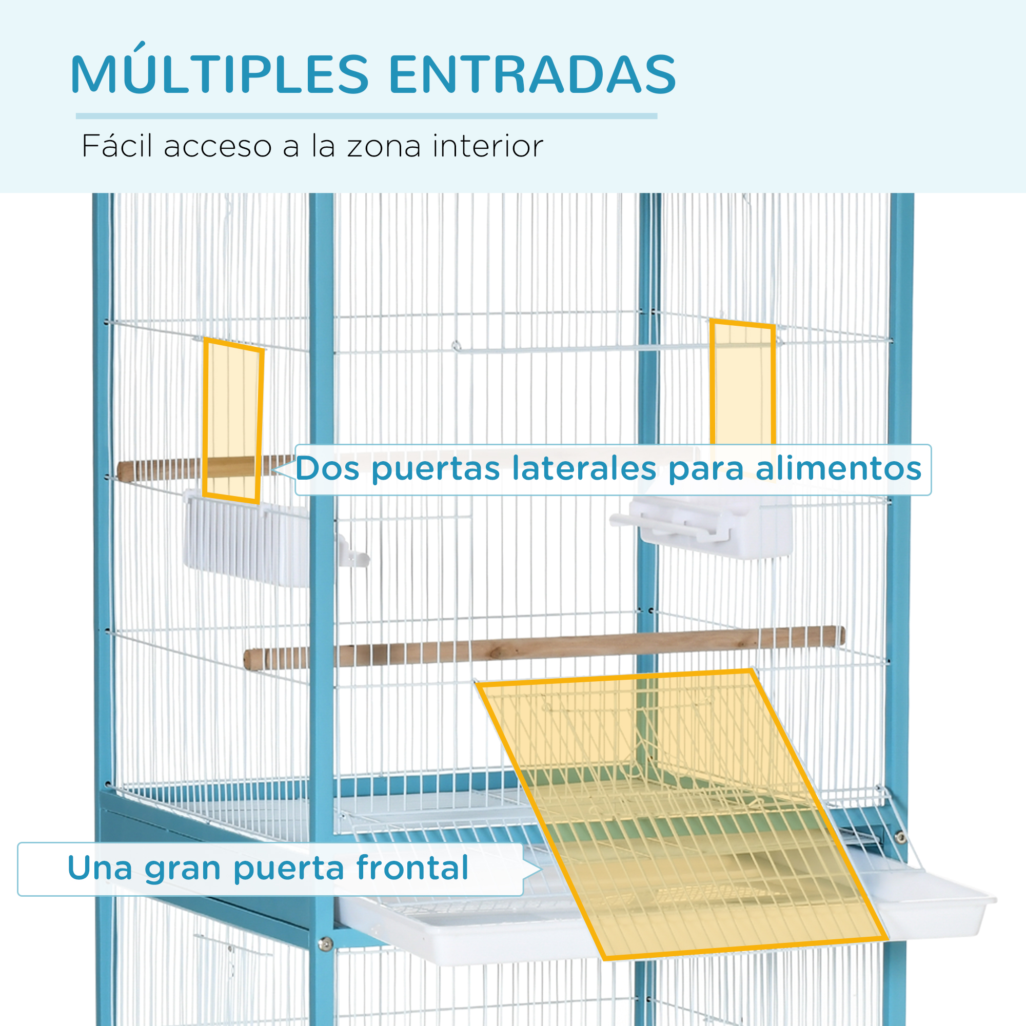Una jaula azul con múltiples entradas, una gran puerta frontal y dos puertas laterales para alimentos.