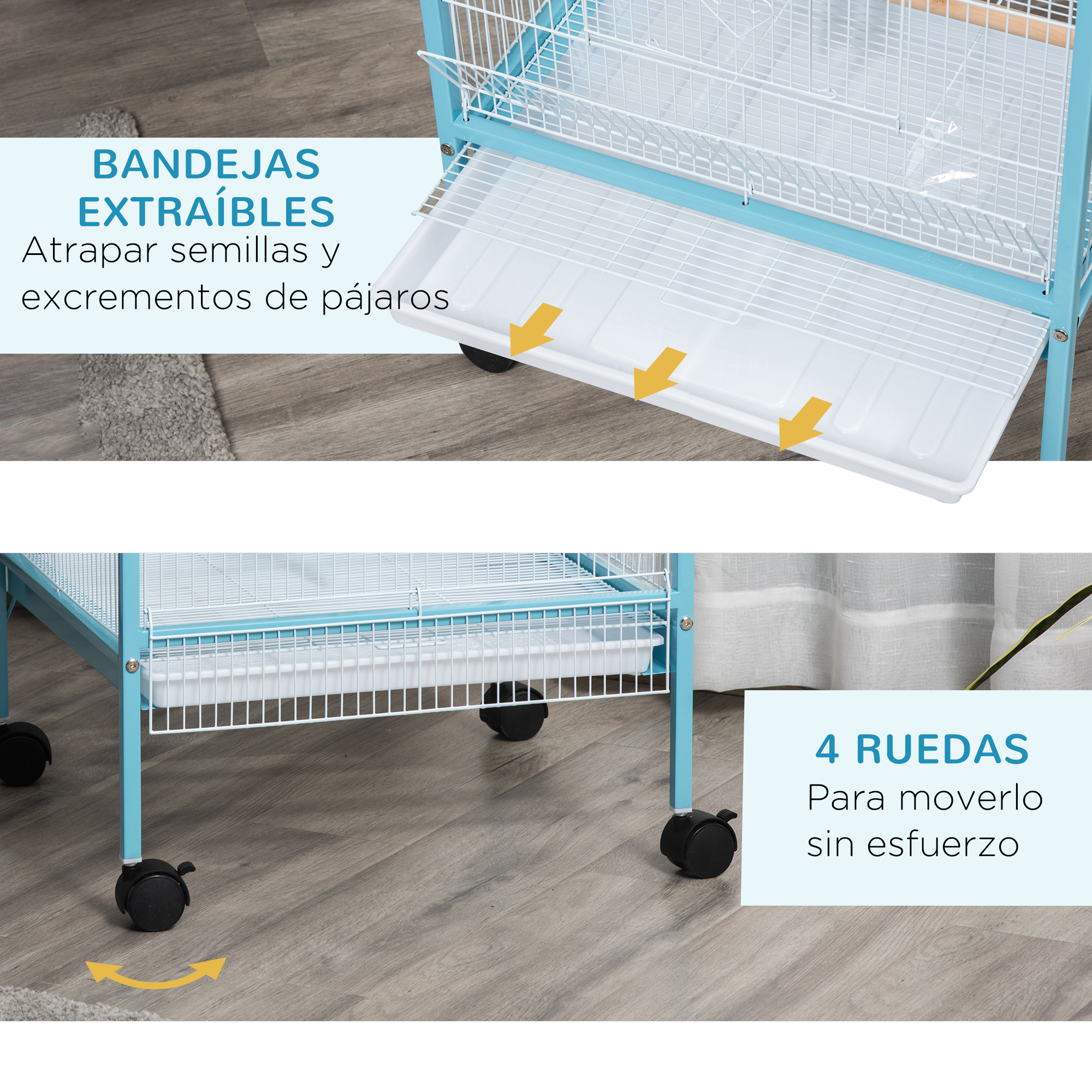 Una jaula azul sobre ruedas, con bandejas extraíbles y texto en español. Flechas amarillas señalan las bandejas.