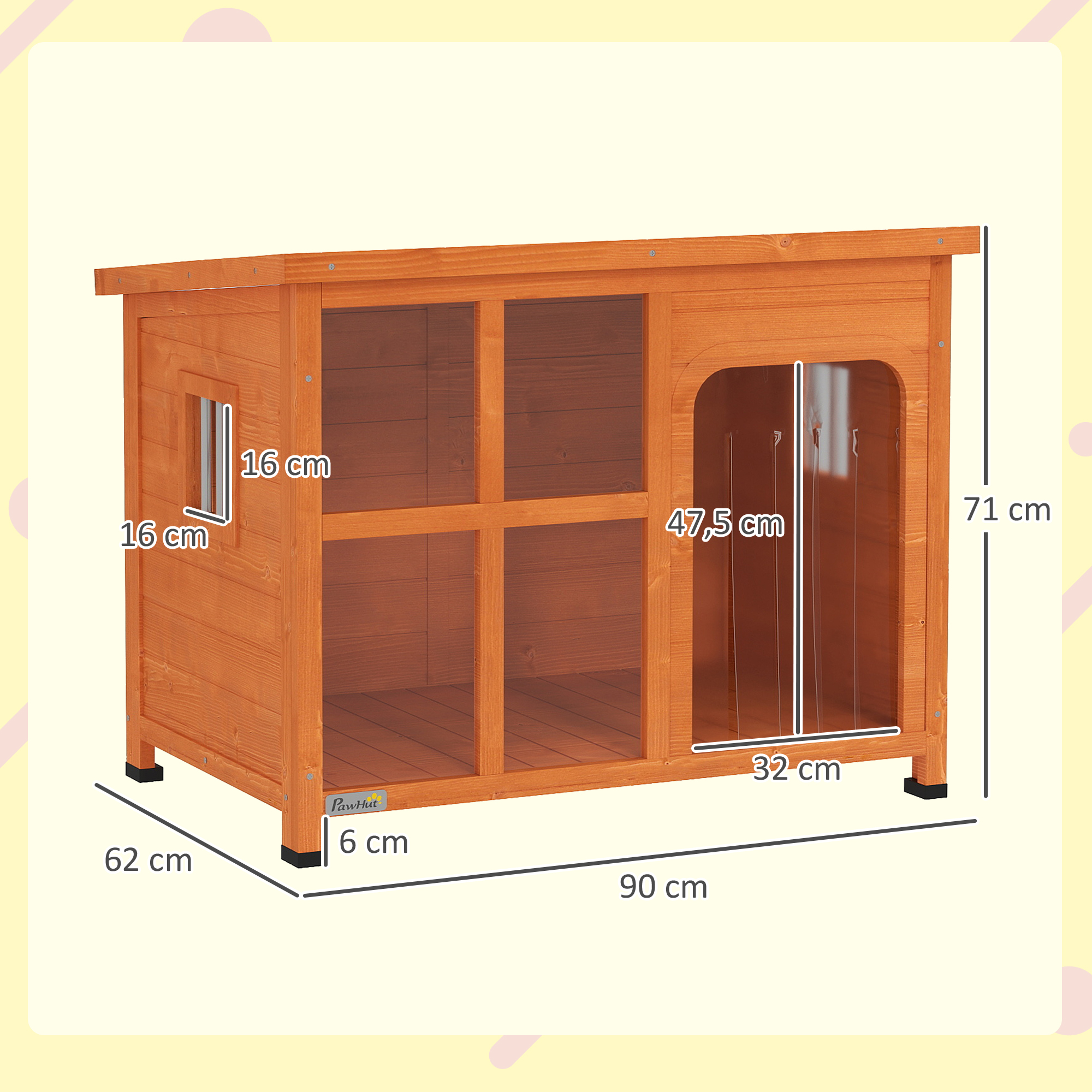 Casa para perros de madera con dimensiones. Tiene puerta y ventana. Fondo marrón claro.