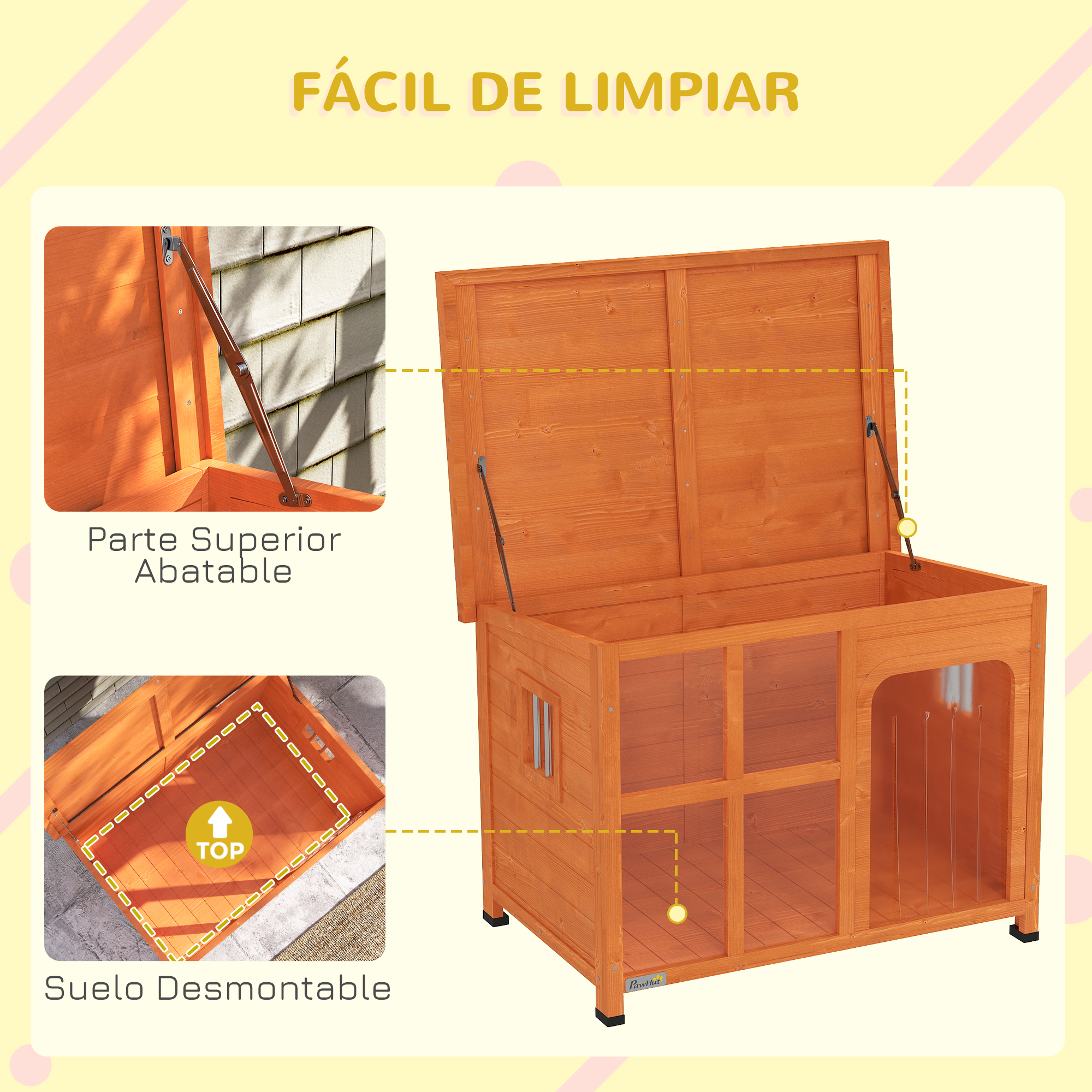 Caseta para perros con suelo extraíble y tapa abierta.