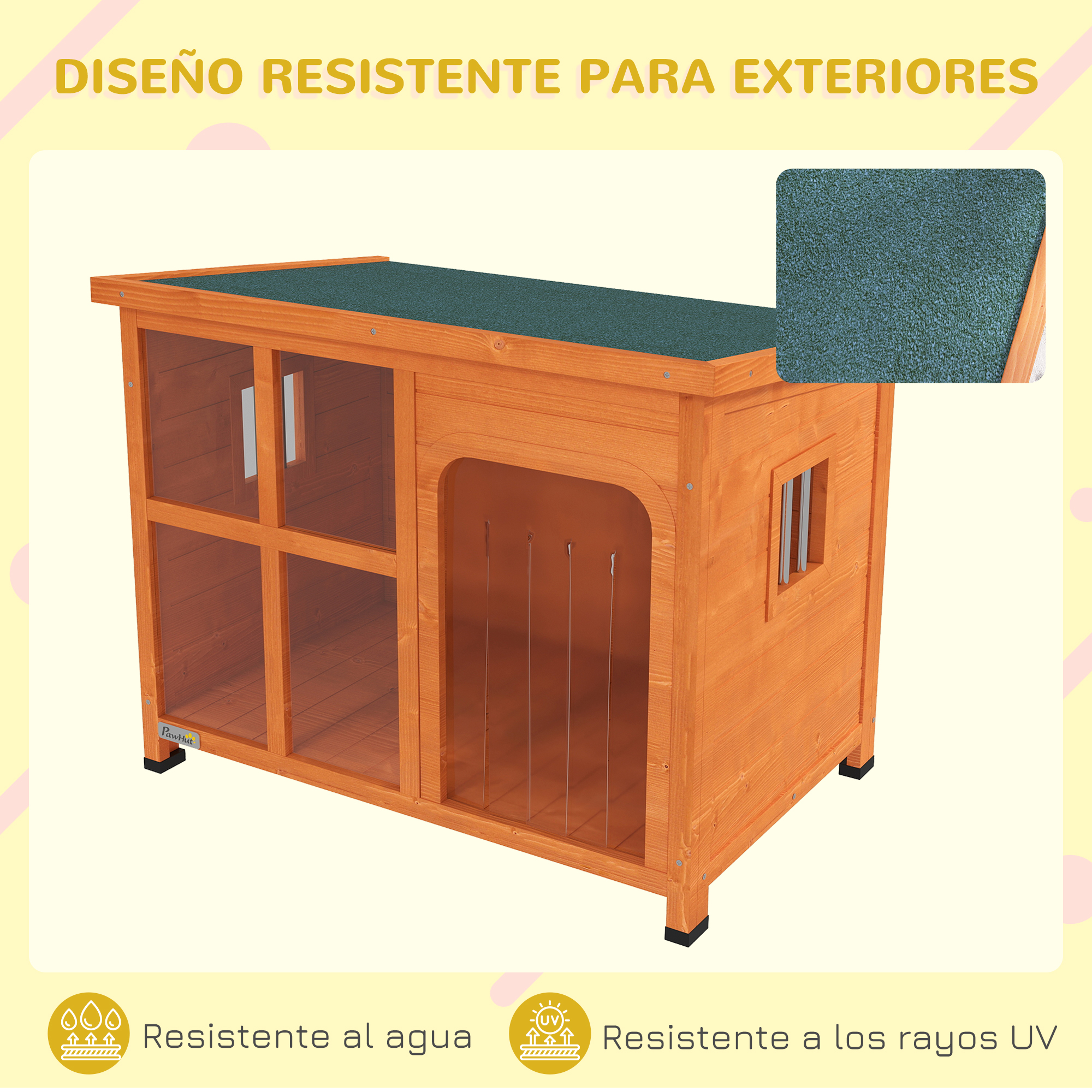 Caseta para perros de madera con techo verde, resistente al agua y a los rayos UV.