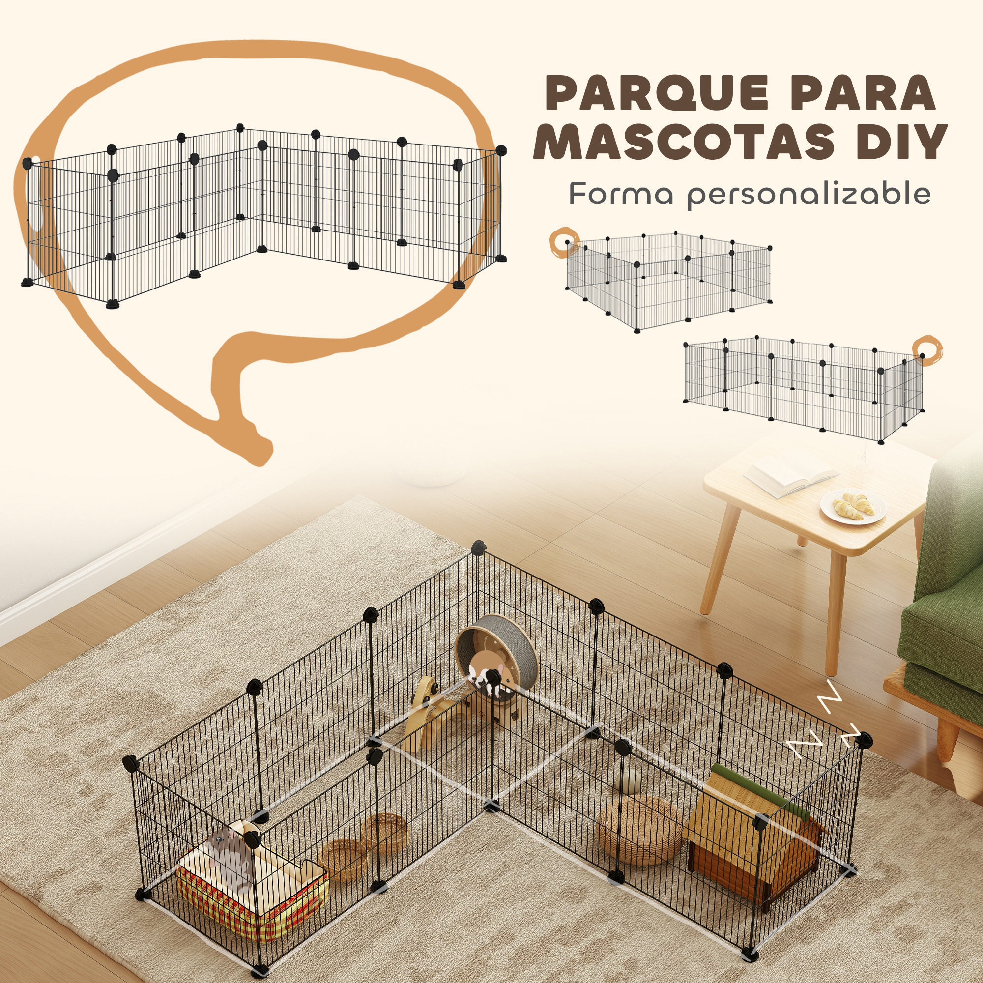 Parque para mascotas con opciones DIY. Una rueda para hámster y otros accesorios dentro.