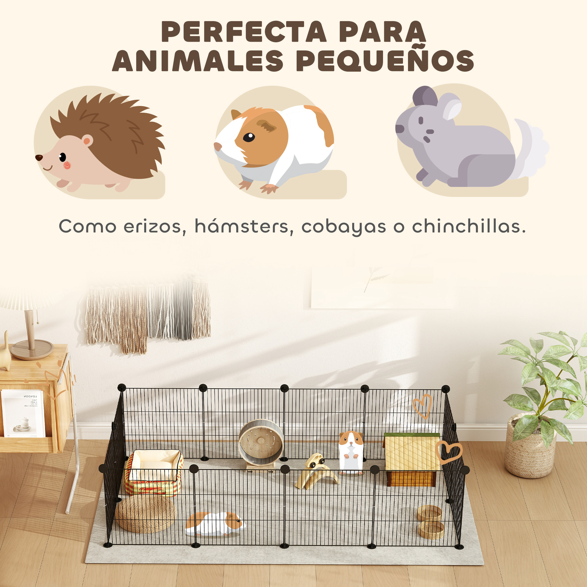 Imagen de pequeños animales en un parque. Incluye erizo, cobaya, chinchilla y accesorios.