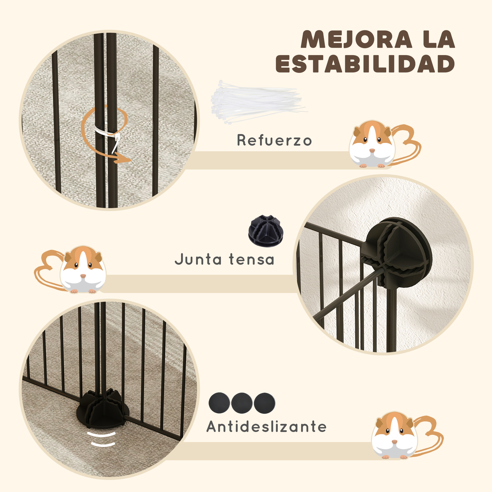 La imagen muestra detalles de una jaula para mascotas: refuerzo, junta tensa y piezas antideslizantes con un hámster.