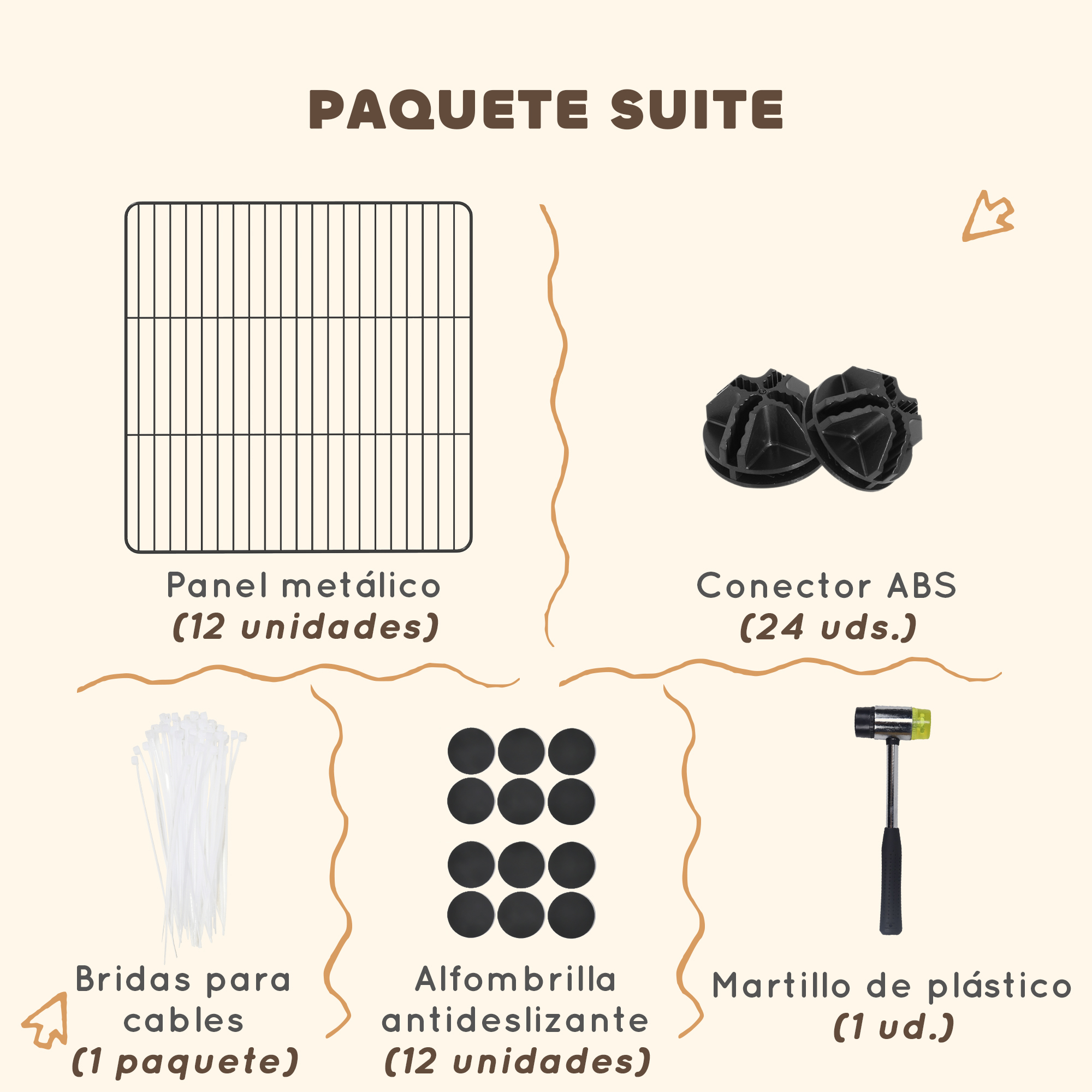 Componentes para un parque de mascotas: paneles metálicos, conectores, bridas, almohadillas antideslizantes y martillo.