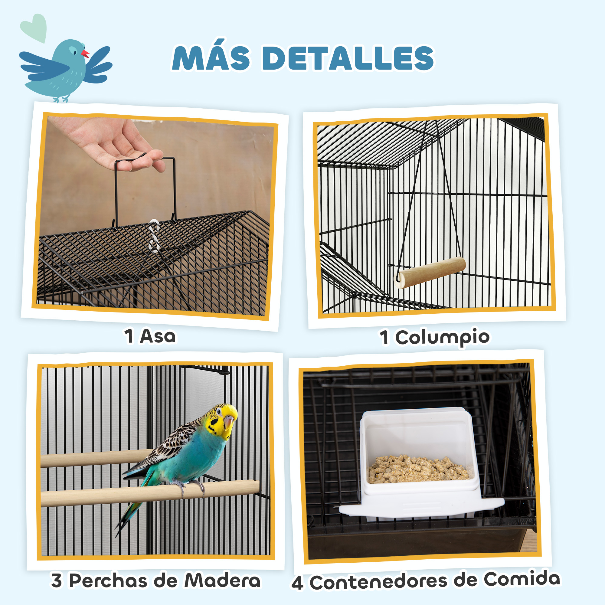 Una infografía que muestra los detalles de la jaula para pájaros: asa, columpio, perchas y recipientes para comida con un periquito azul.