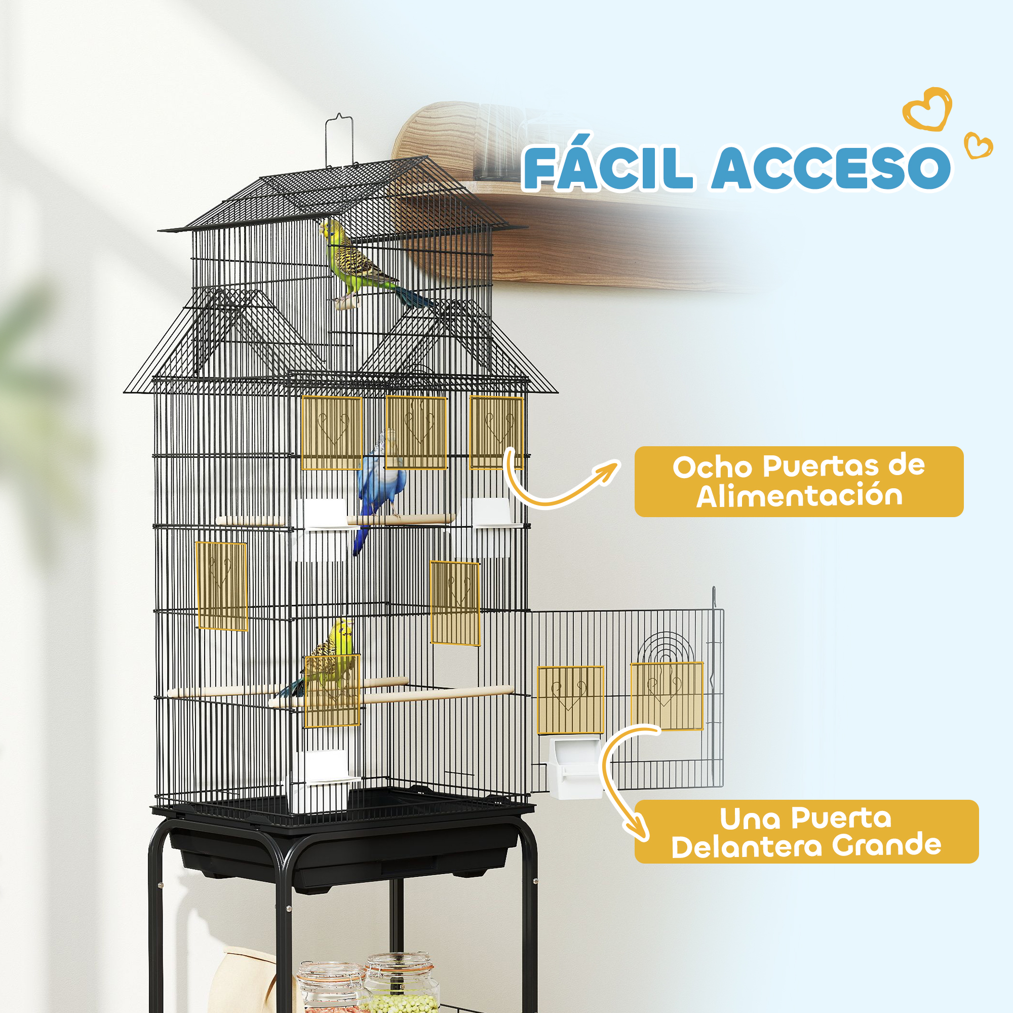 Una gran jaula negra para pájaros con múltiples puertas de alimentación. Dos pájaros están dentro de la jaula.