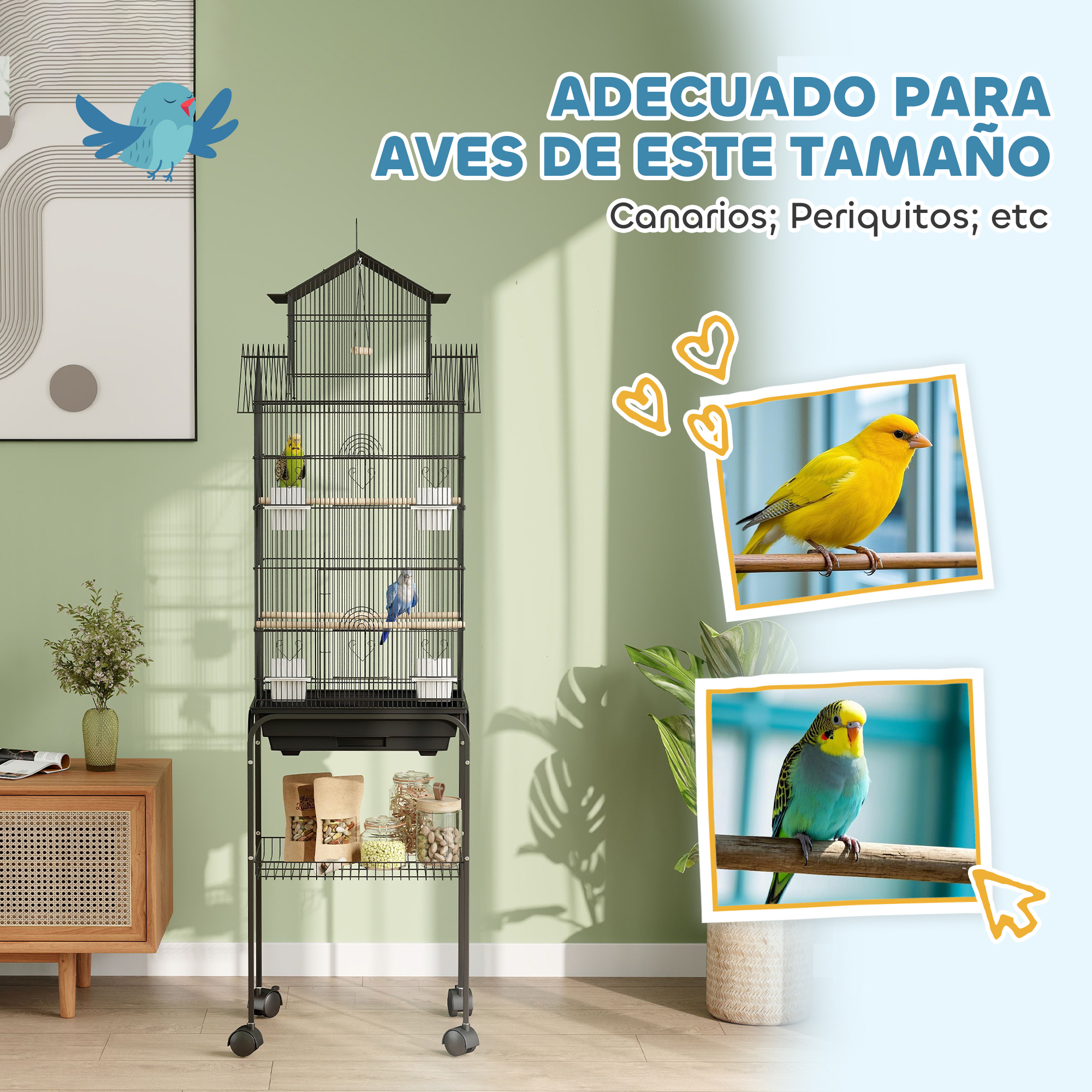 Una jaula alta negra para pájaros sobre un soporte. Dos pájaros están dentro de la jaula. Se muestran fotos de pájaros.