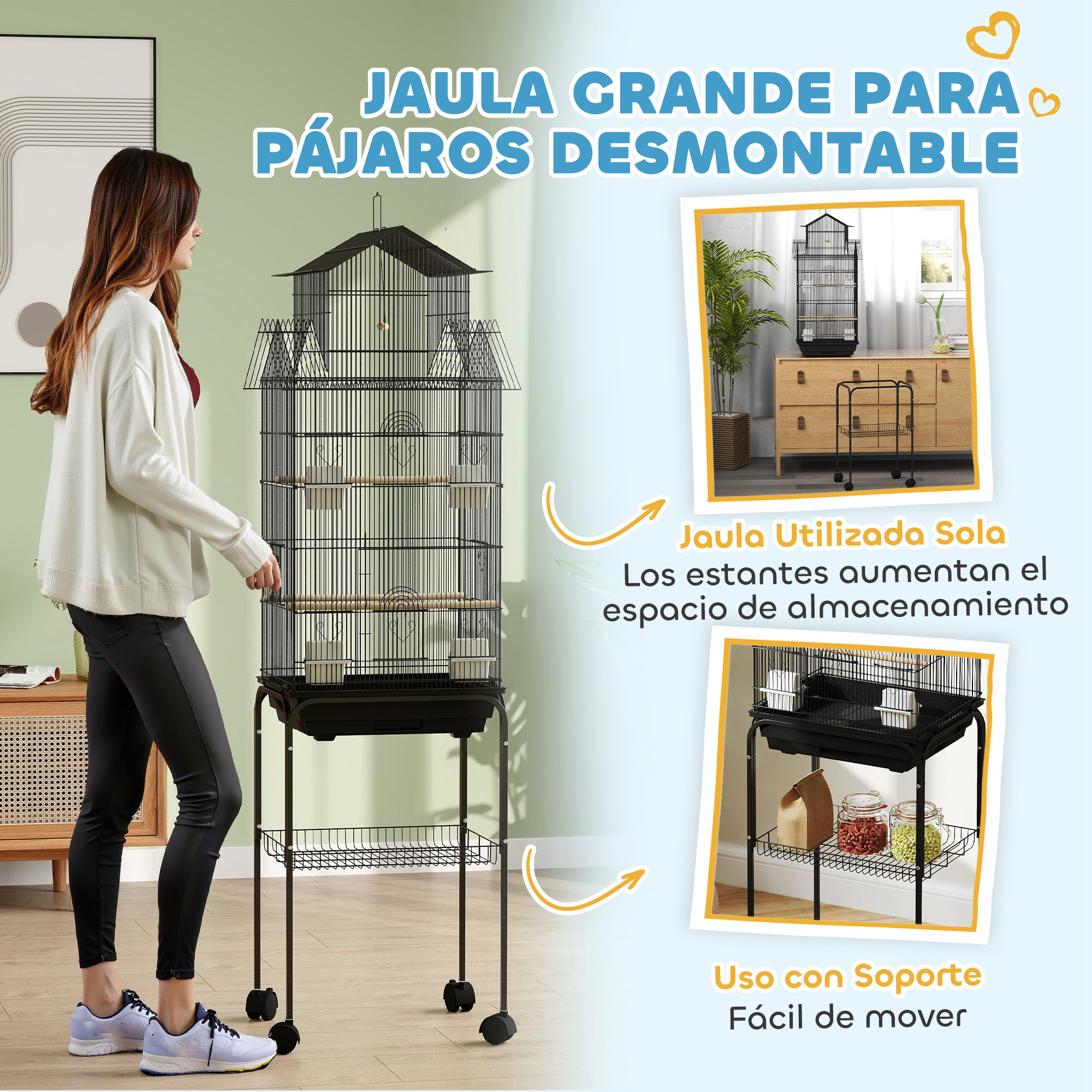 Una mujer está de pie junto a una jaula grande para pájaros. La jaula está sobre un soporte con ruedas. Se muestra una jaula más pequeña.