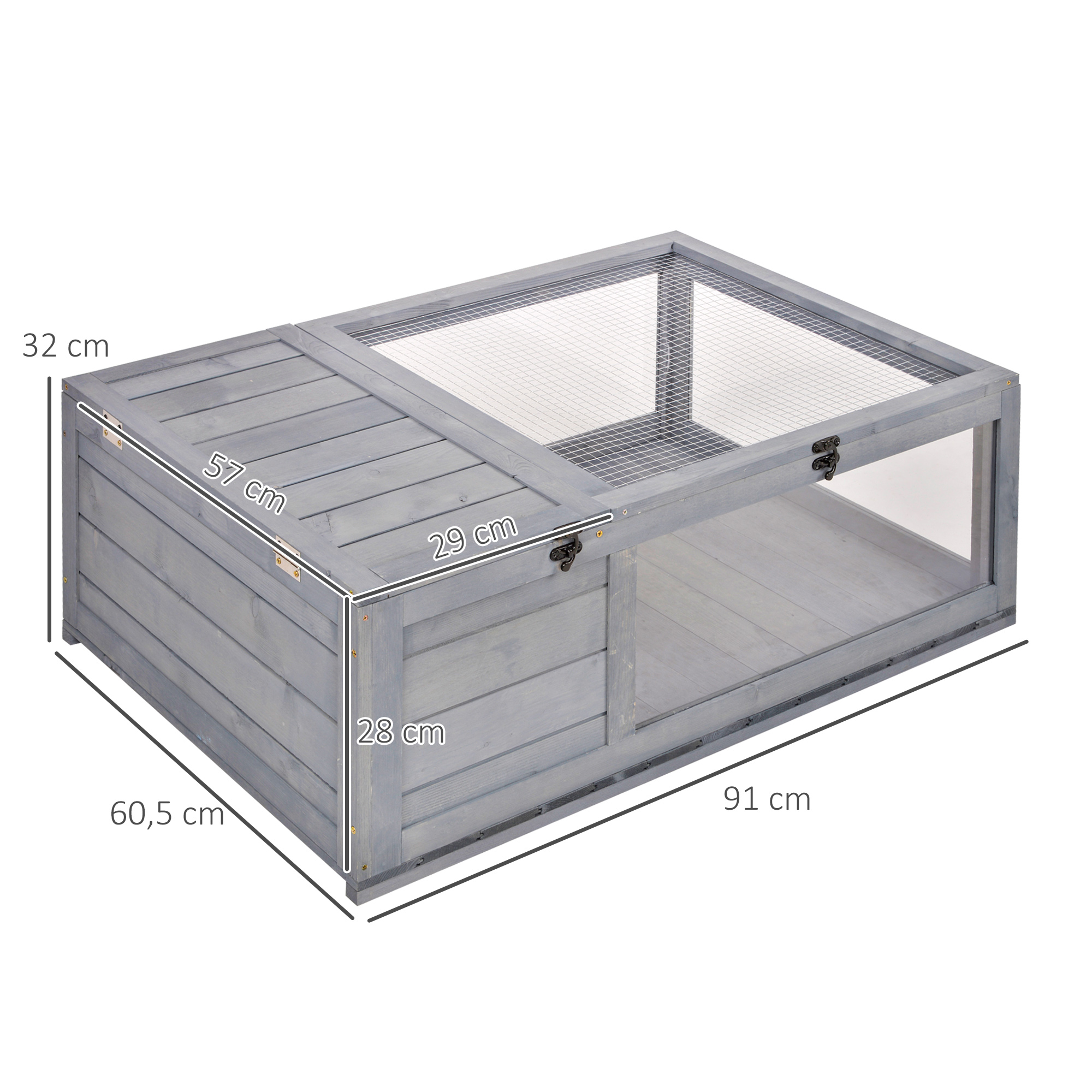 Vista superior de un recinto de tortuga de madera gris. Dimensiones etiquetadas en los lados.