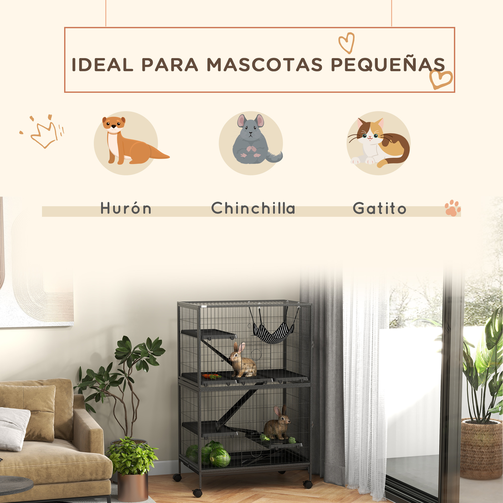 Imagen muestra pequeñas mascotas: hurón, chinchilla, gatito. Una jaula multinivel en el fondo.