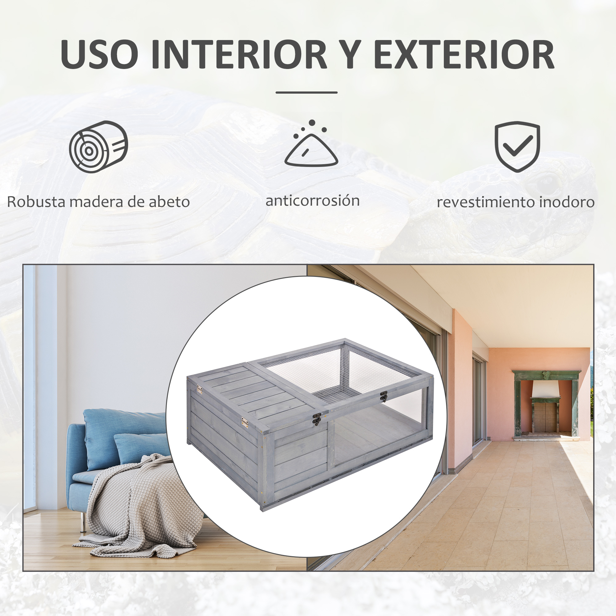 Imagen que muestra un recinto de tortuga de madera, apto para uso interior y exterior. Materiales usados.