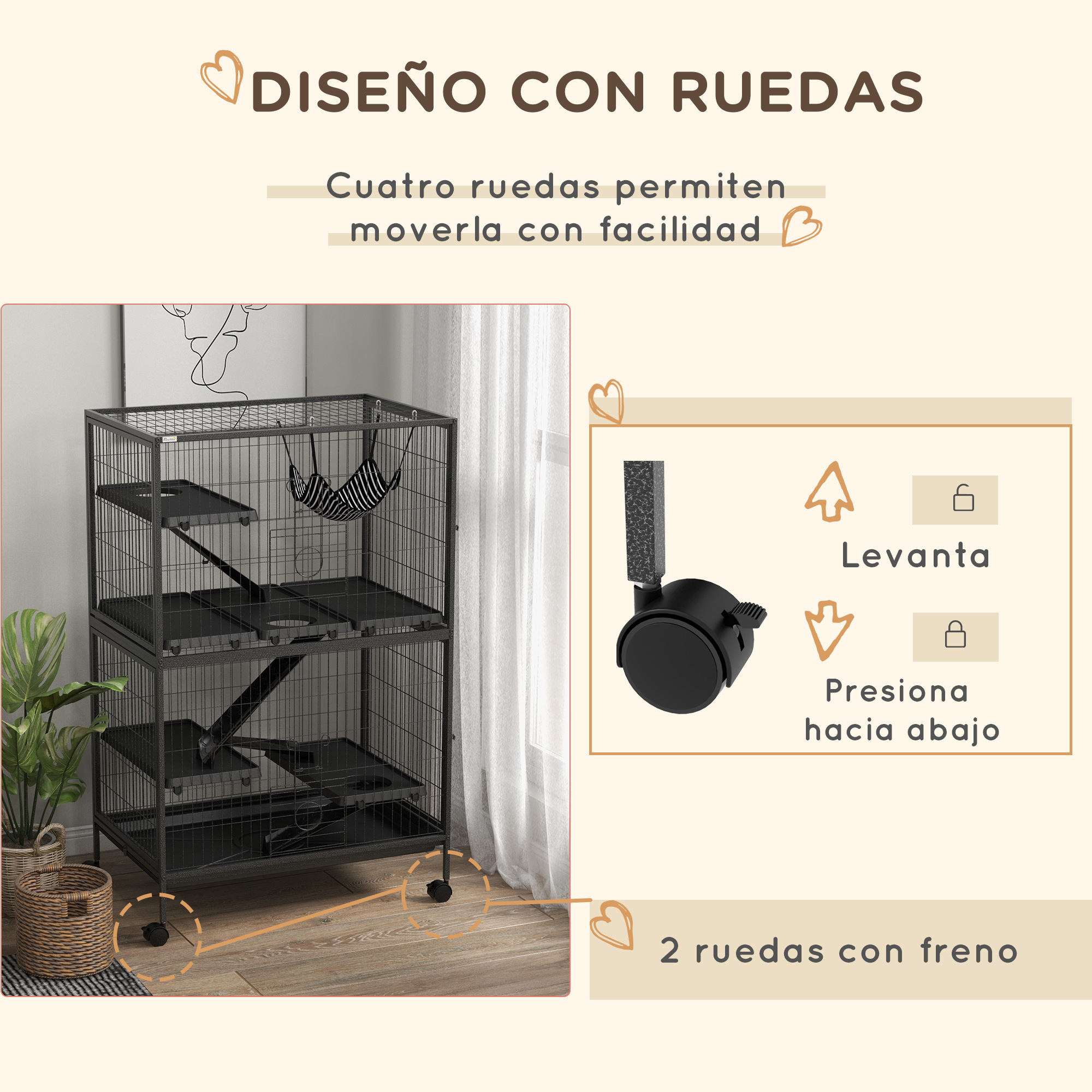 Jaula para mascotas con ruedas, dos niveles y una rampa. El texto indica que es fácil de mover.