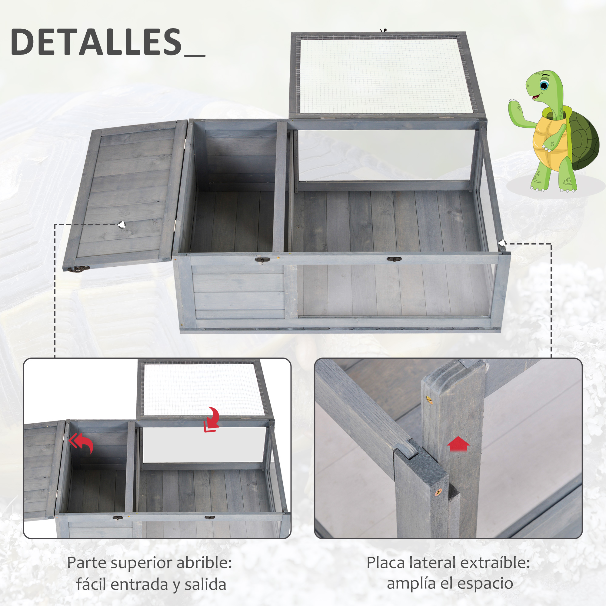 Vista detallada del recinto de tortuga de madera. Incluye parte superior, panel lateral, y tortuga cartoon.
