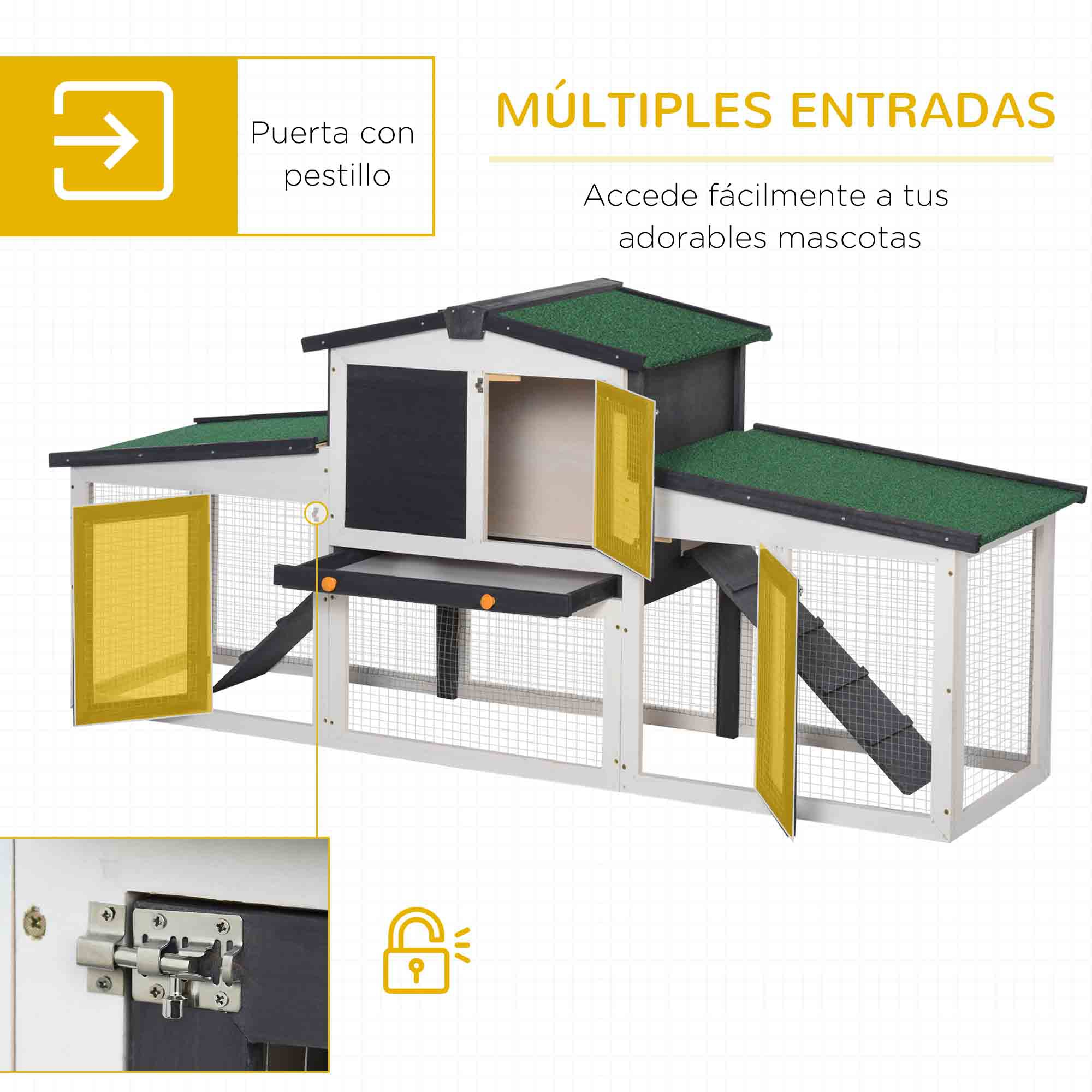 Se destaca en detalle una jaula para mascotas con cuatro puertas, una bandeja extraíble, plataformas y una hamaca.