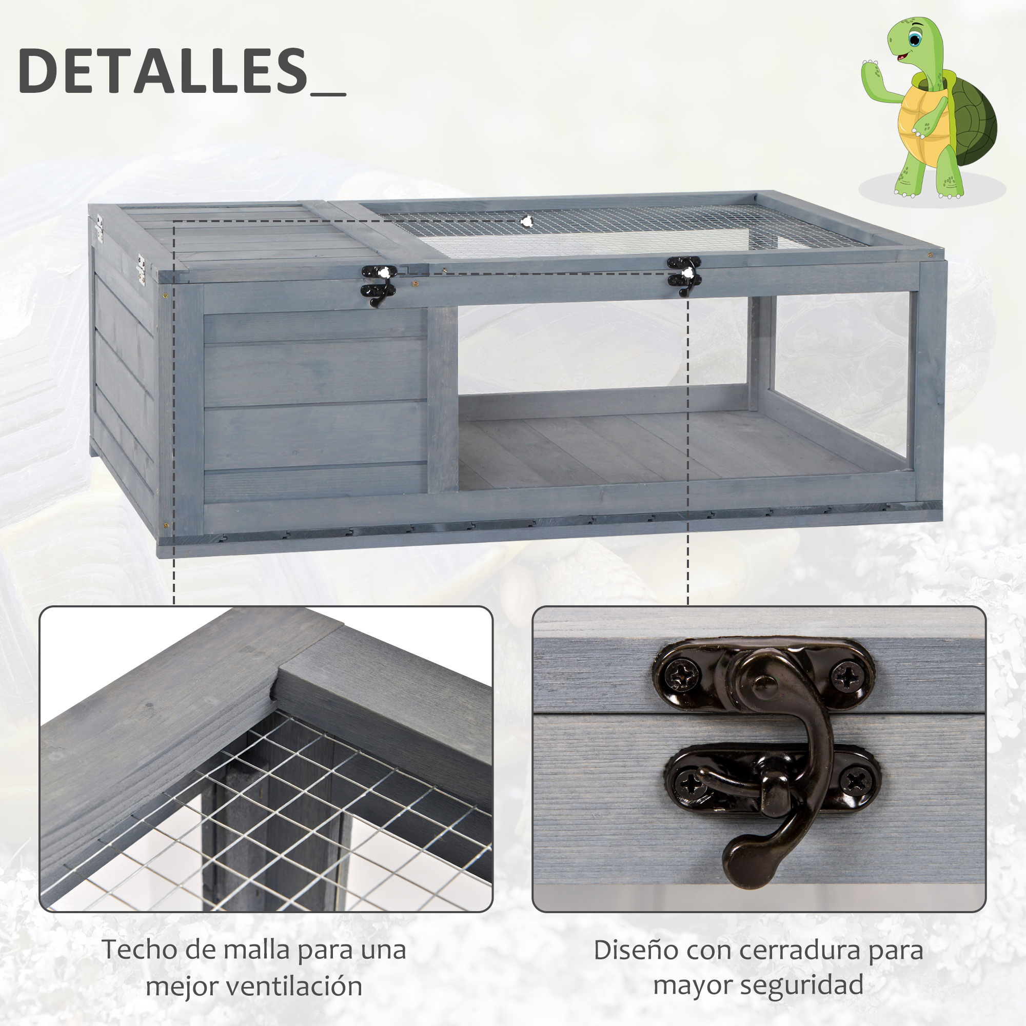 Terrario de madera con parte superior de malla metálica. Detalles muestran cierre de puerta y techo de malla.