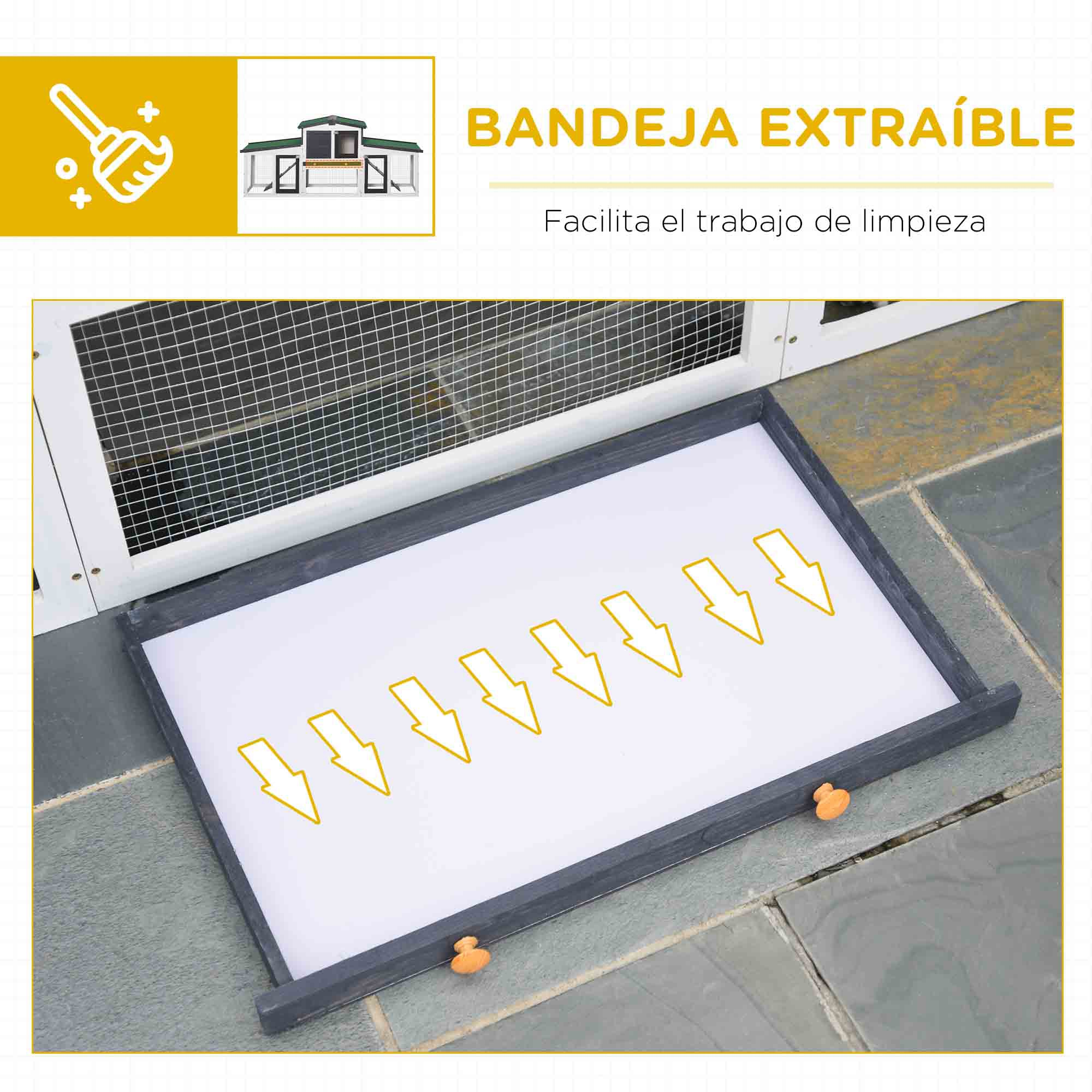 Una bandeja blanca con flechas, probablemente para una jaula, con texto sobre fácil limpieza.