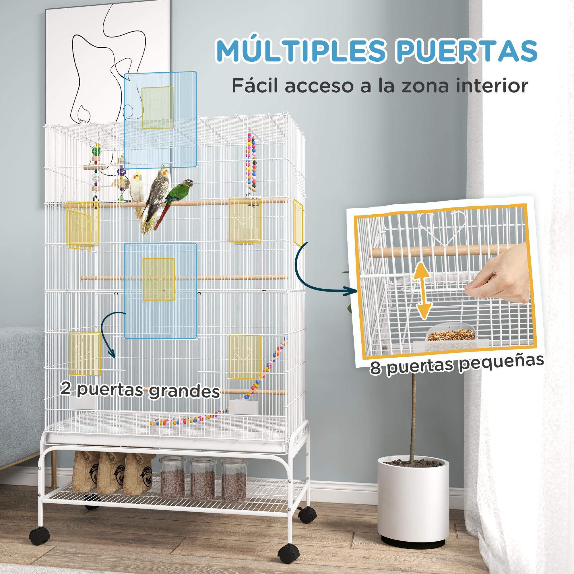 Jaula para pájaros con múltiples puertas. Muestra las puertas abiertas para acceder al área interior.