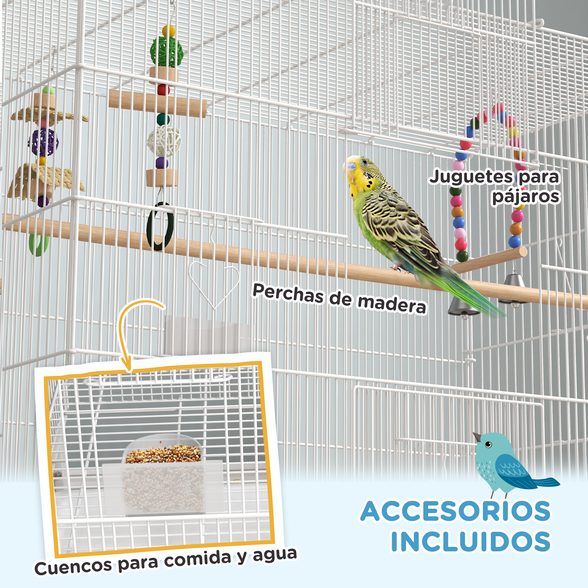 Una configuración de jaula para pájaros incluye juguetes, perchas de madera y cuencos para comida/agua, como se indica en la imagen.