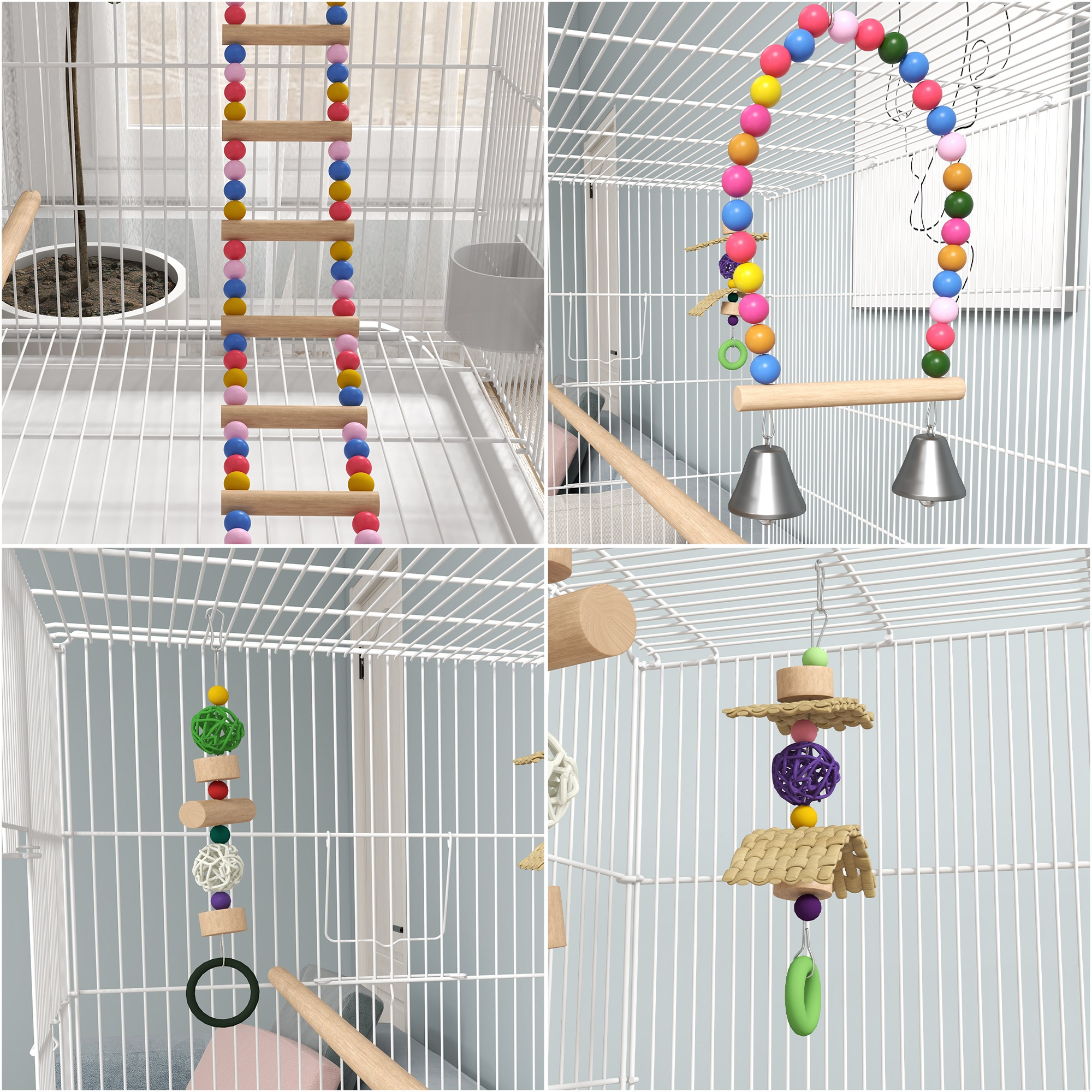 Un collage de juguetes para jaulas de pájaros, incluyendo escaleras, juguetes colgantes y campanas, dentro de una jaula blanca.