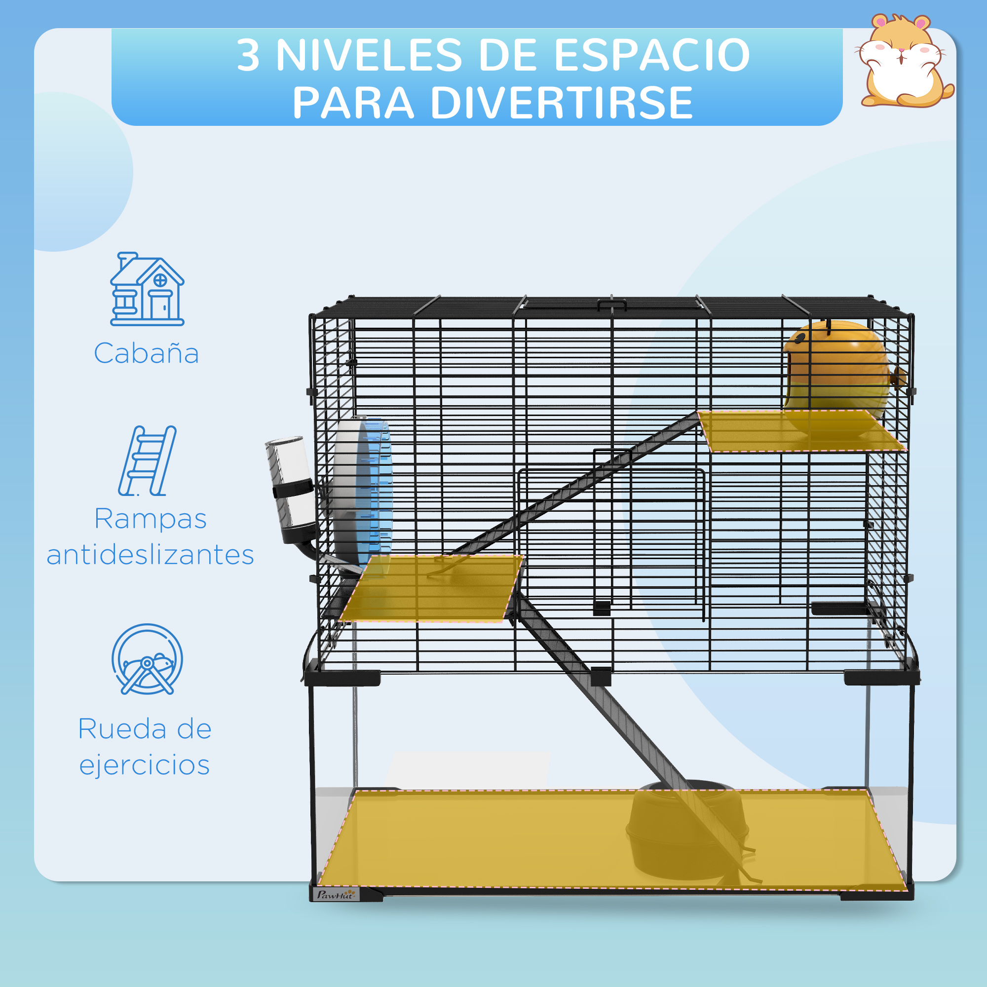 Diagrama que ilustra una jaula de hámster con 3 niveles. Incluye una casa, rampas y rueda de ejercicios. Plataformas amarillas.