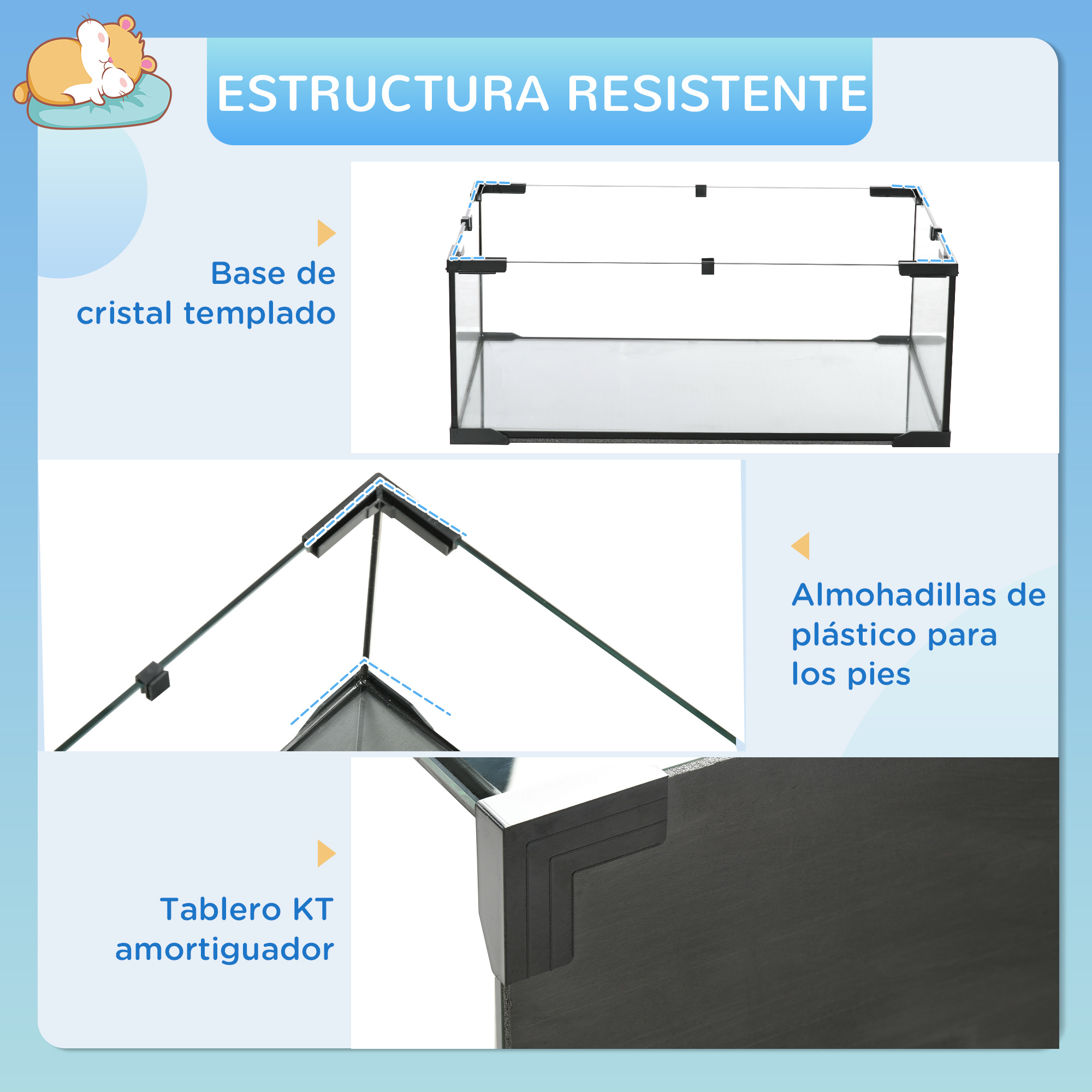 Diagrama que muestra la base de una jaula de hámster. Cuenta con vidrio templado, almohadillas de plástico para los pies y una placa KT amortiguadora.