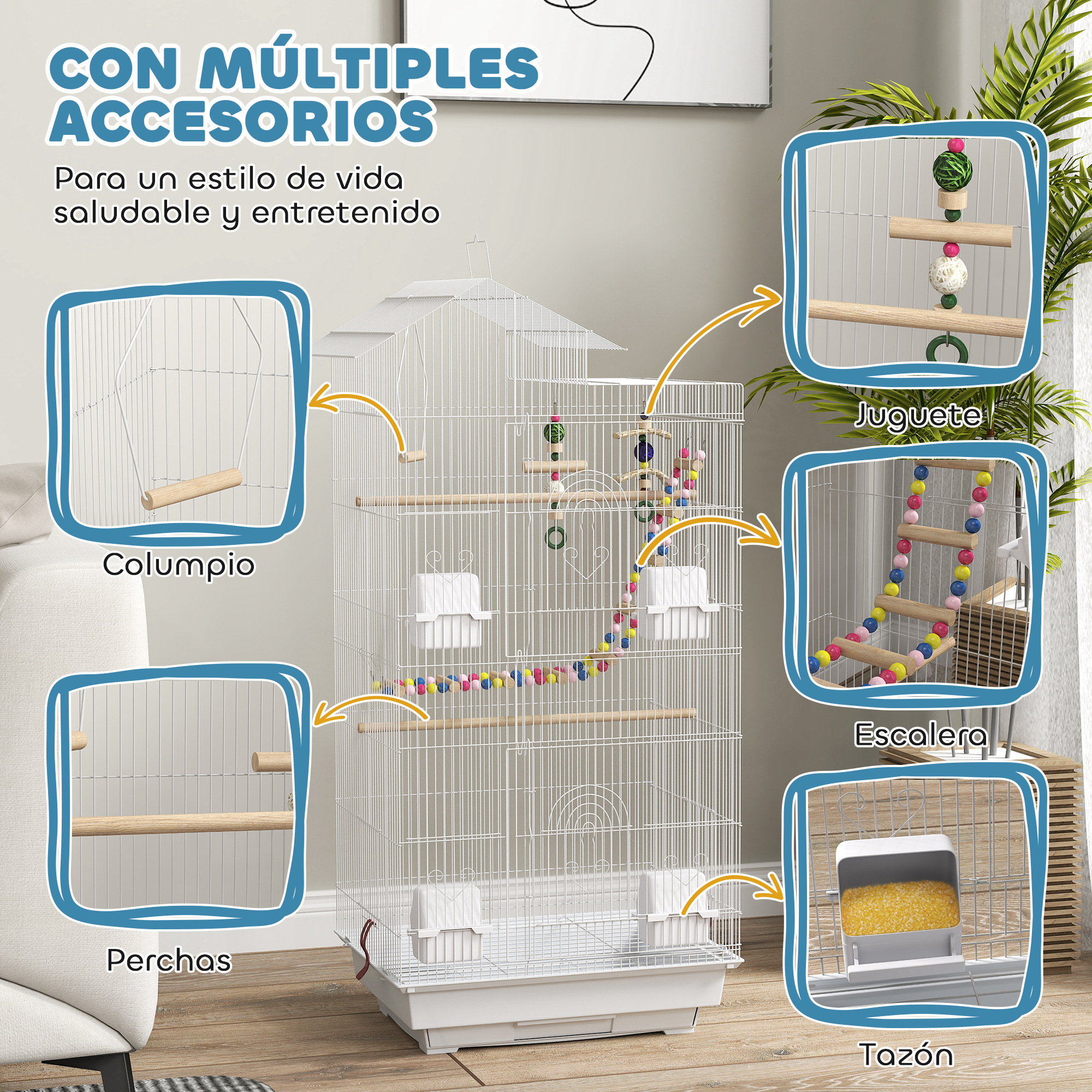 Jaula blanca para pájaros con accesorios variados etiquetados en español: columpio, percha, escalera y cuenco, para vida saludable.