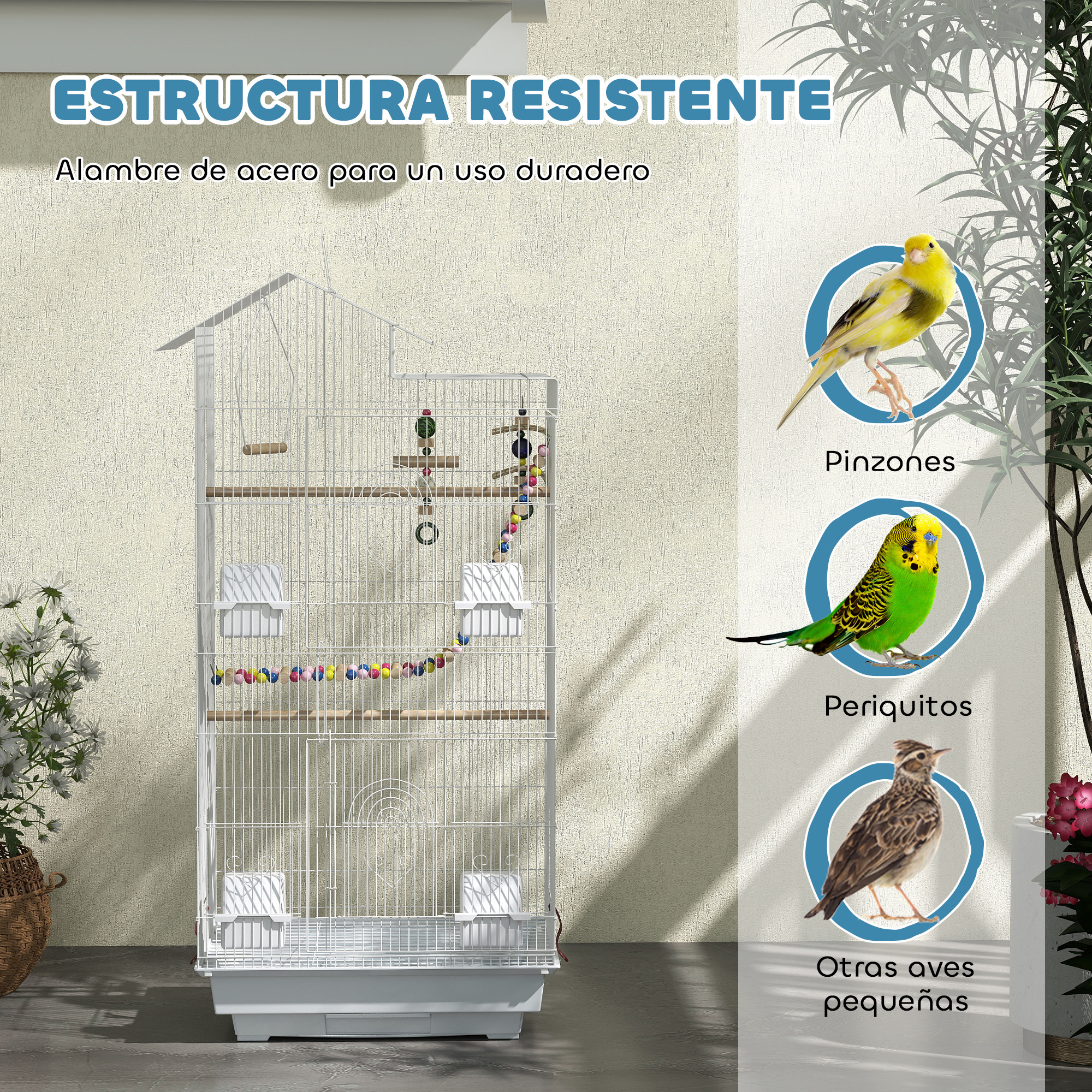 Jaula blanca con estructura resistente. Hay pájaros en la jaula. Otros pájaros pequeños se muestran en círculos.