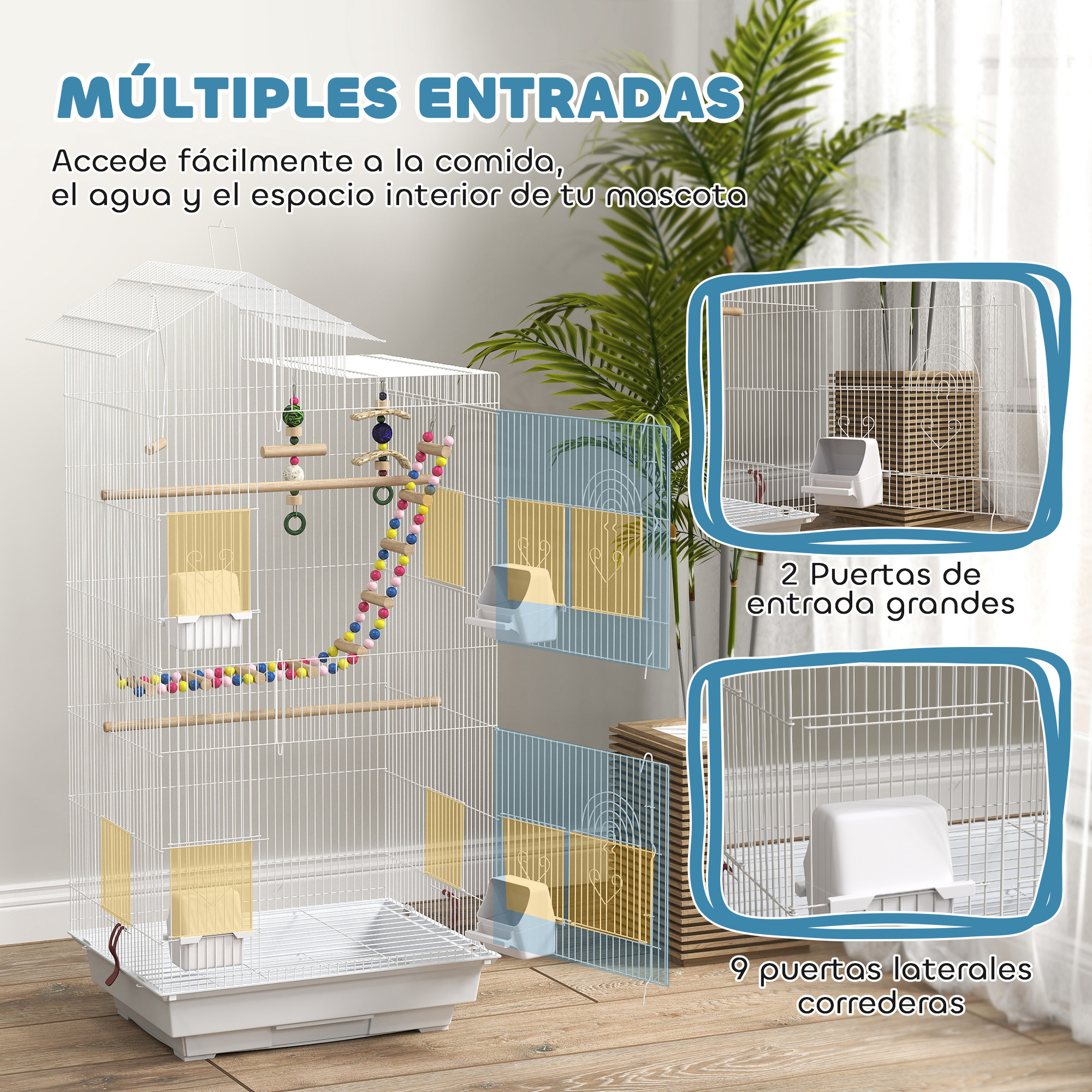 Jaula para pájaros con múltiples entradas y comederos. Se muestran dos jaulas con diagramas. Fondo blanco.