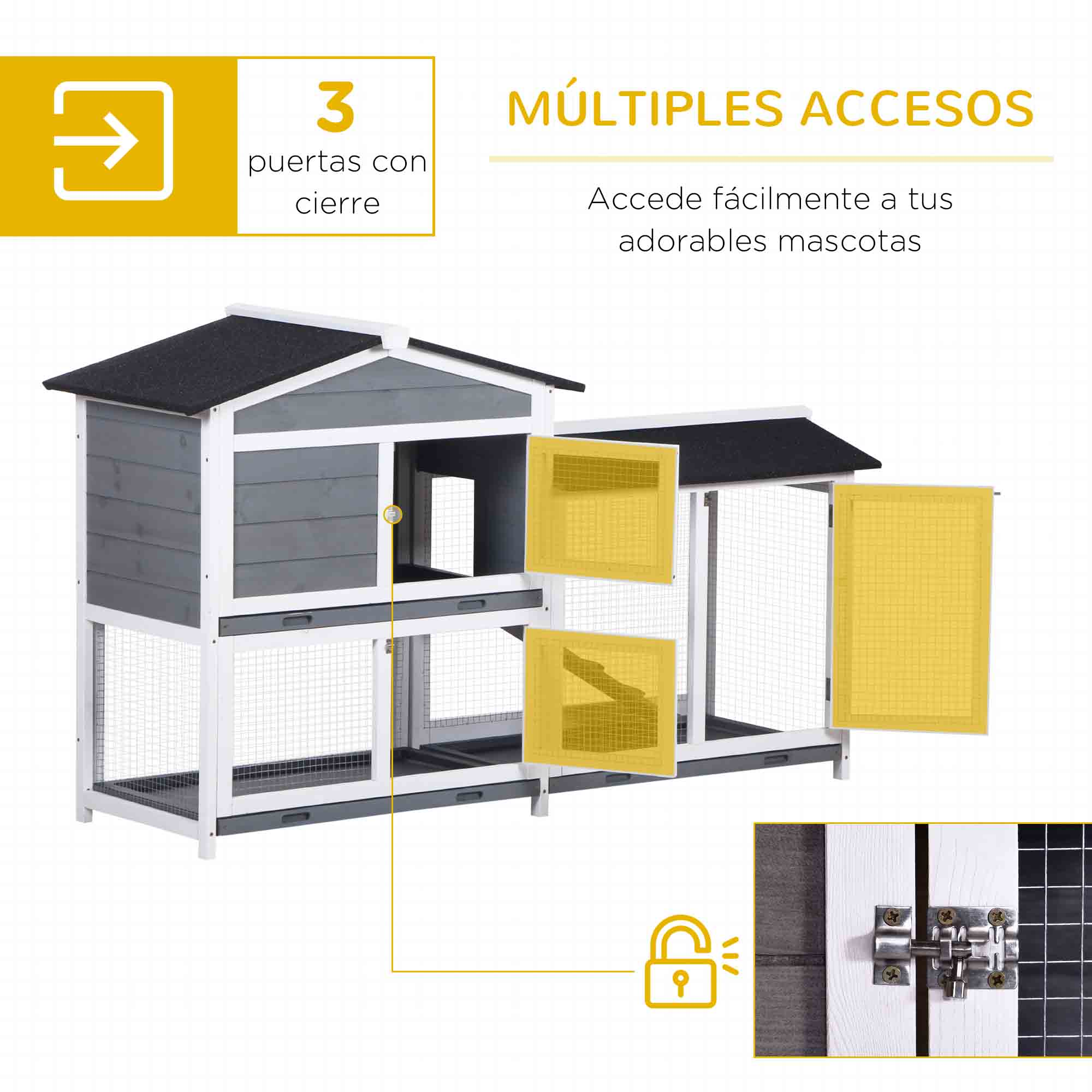 Una casa para mascotas gris y blanca con reflejos amarillos en las puertas se exhibe sobre un fondo blanco, en ángulo hacia la izquierda.