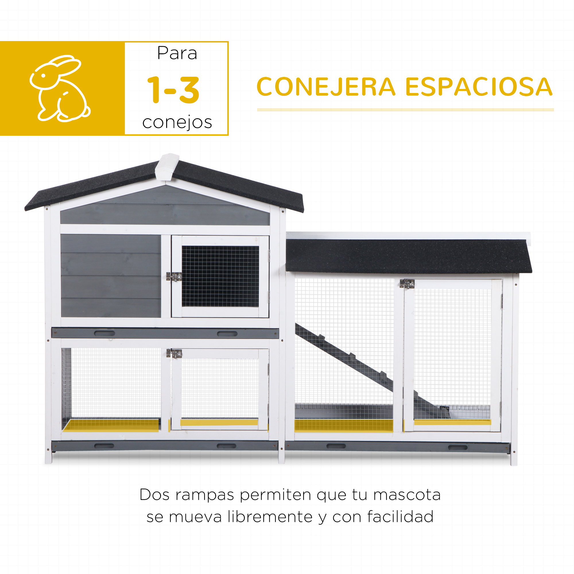 Una casa para mascotas gris y blanca con techo negro se exhibe sobre un fondo blanco, en ángulo hacia la izquierda.
