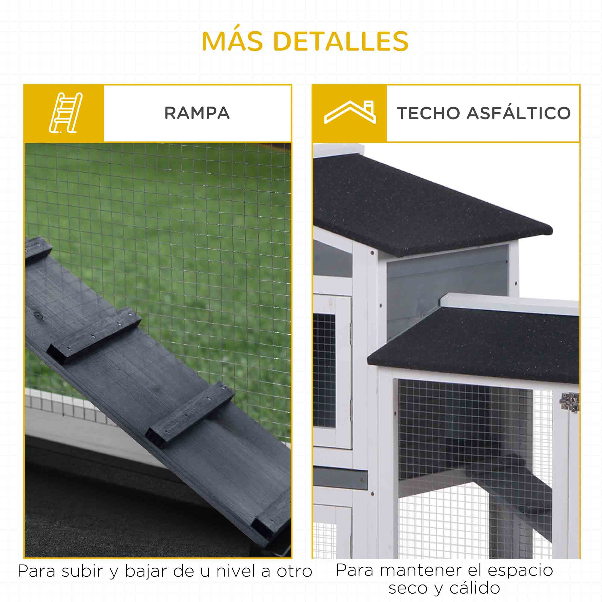 Primeros planos de detalles de una conejera: rampa y techo asfáltico. Para subir y proteger del clima.
