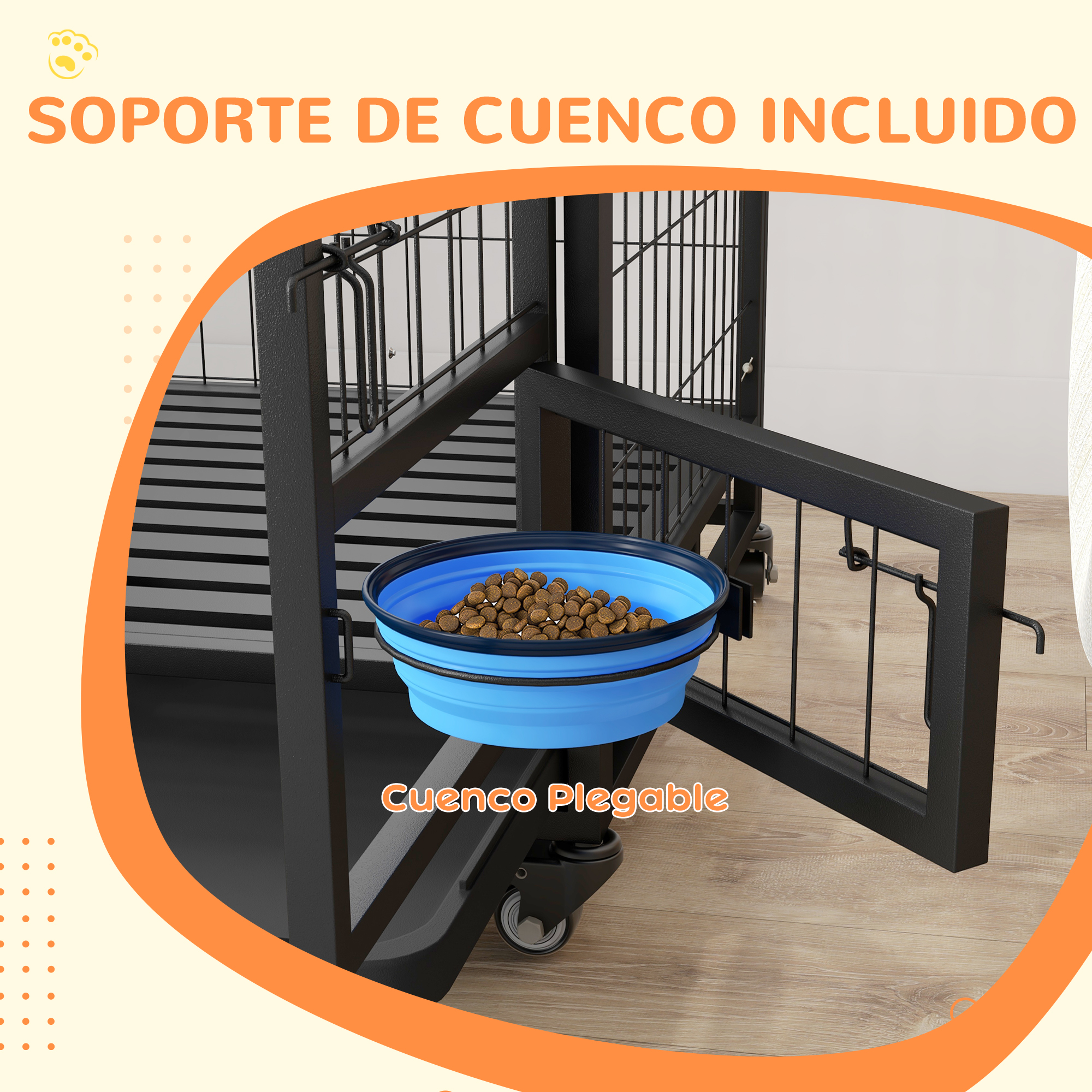 Jaula para perros con un cuenco azul plegable dentro. La jaula es negra con fondo naranja.