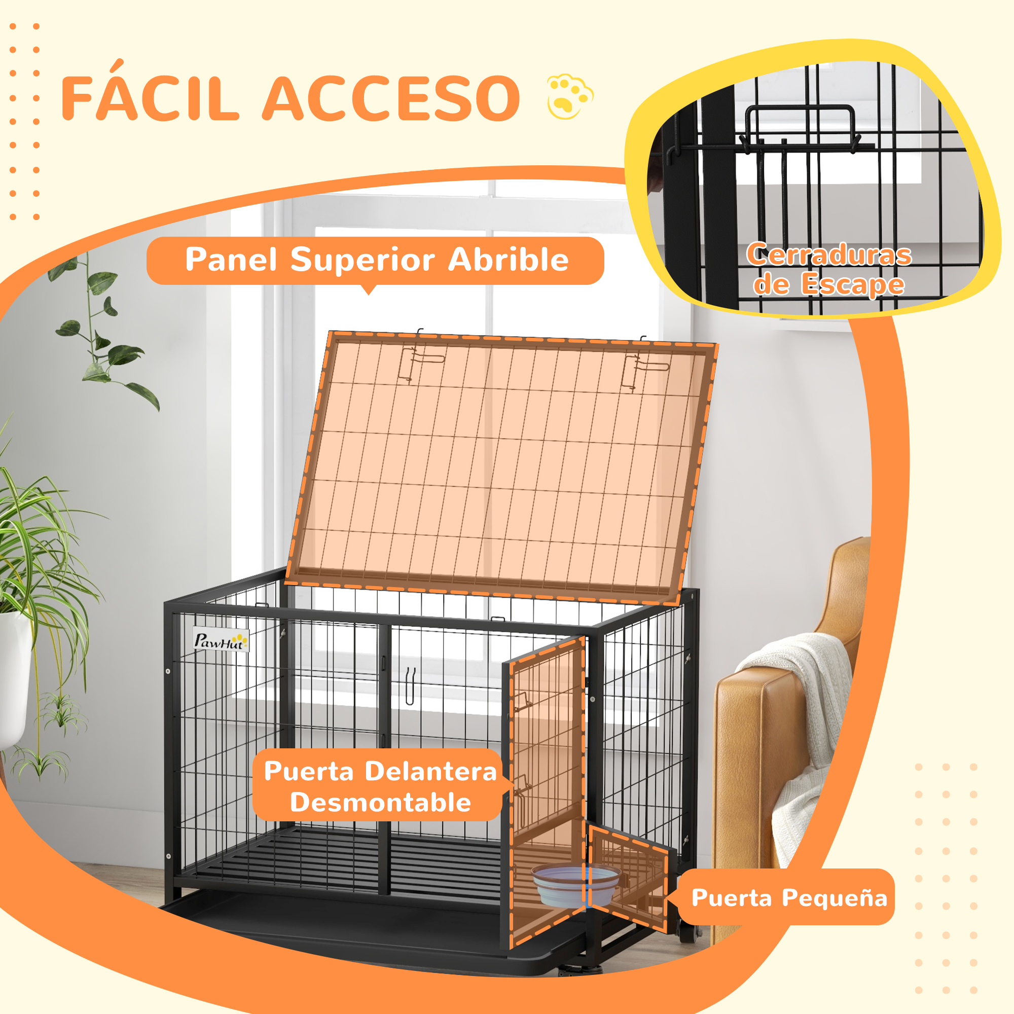 Jaula para perros abierta con puerta delantera y panel superior extraíbles. Combinación de colores beige y negro.