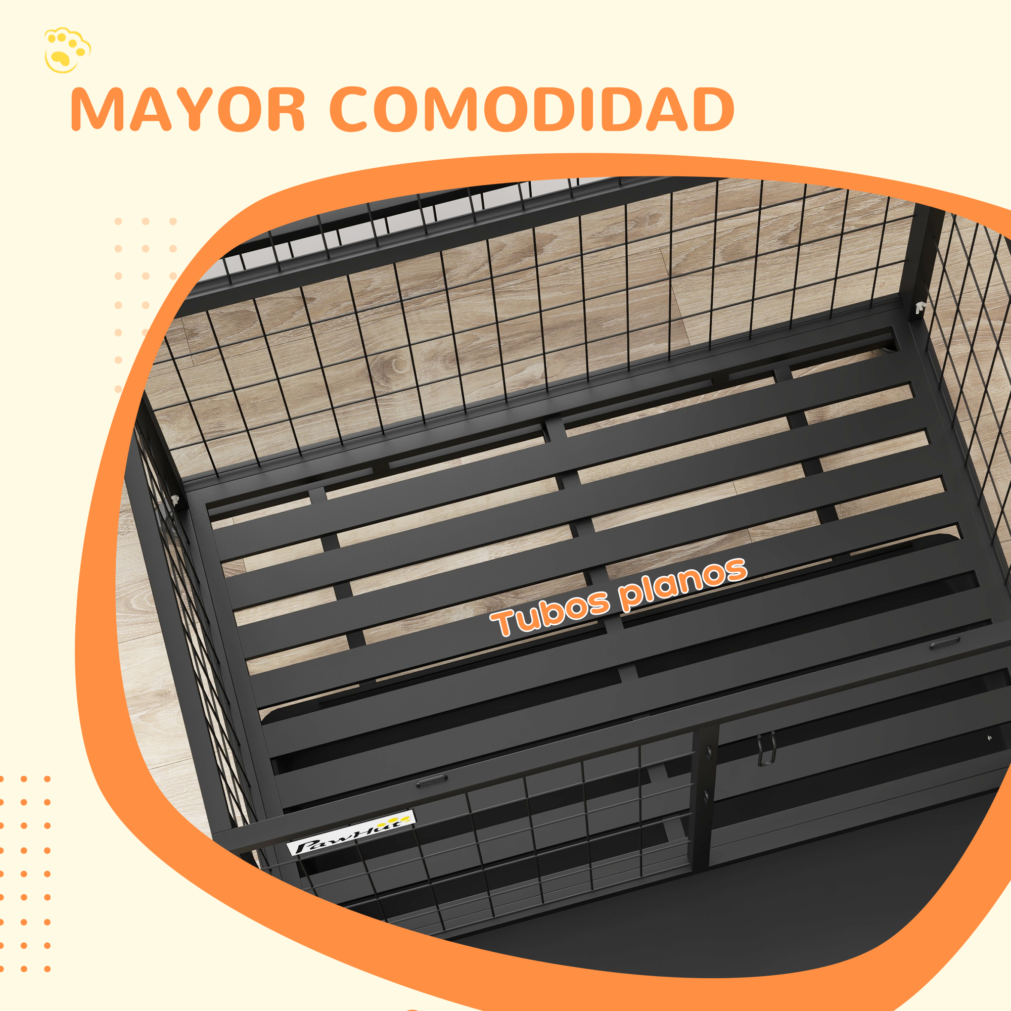 Primer plano del interior de una jaula. Hay una rejilla en la parte superior y los lados, barras planas en la base.