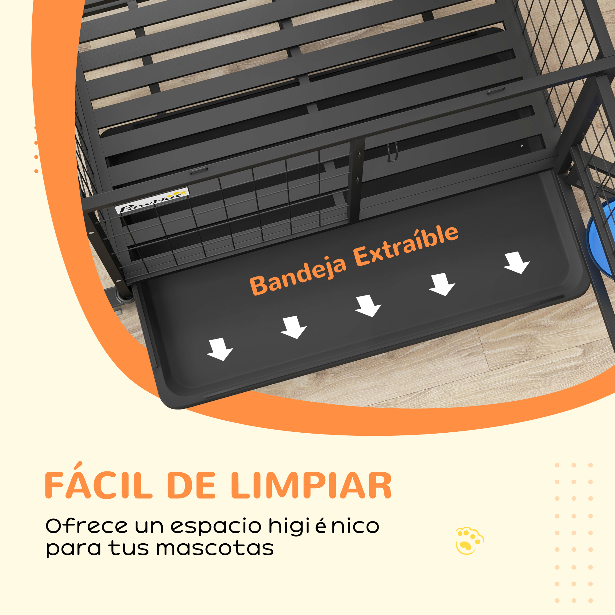Bandeja negra de jaula para mascotas siendo extraída. Texto dice 'Fácil de limpiar'. Flechas la señalan.
