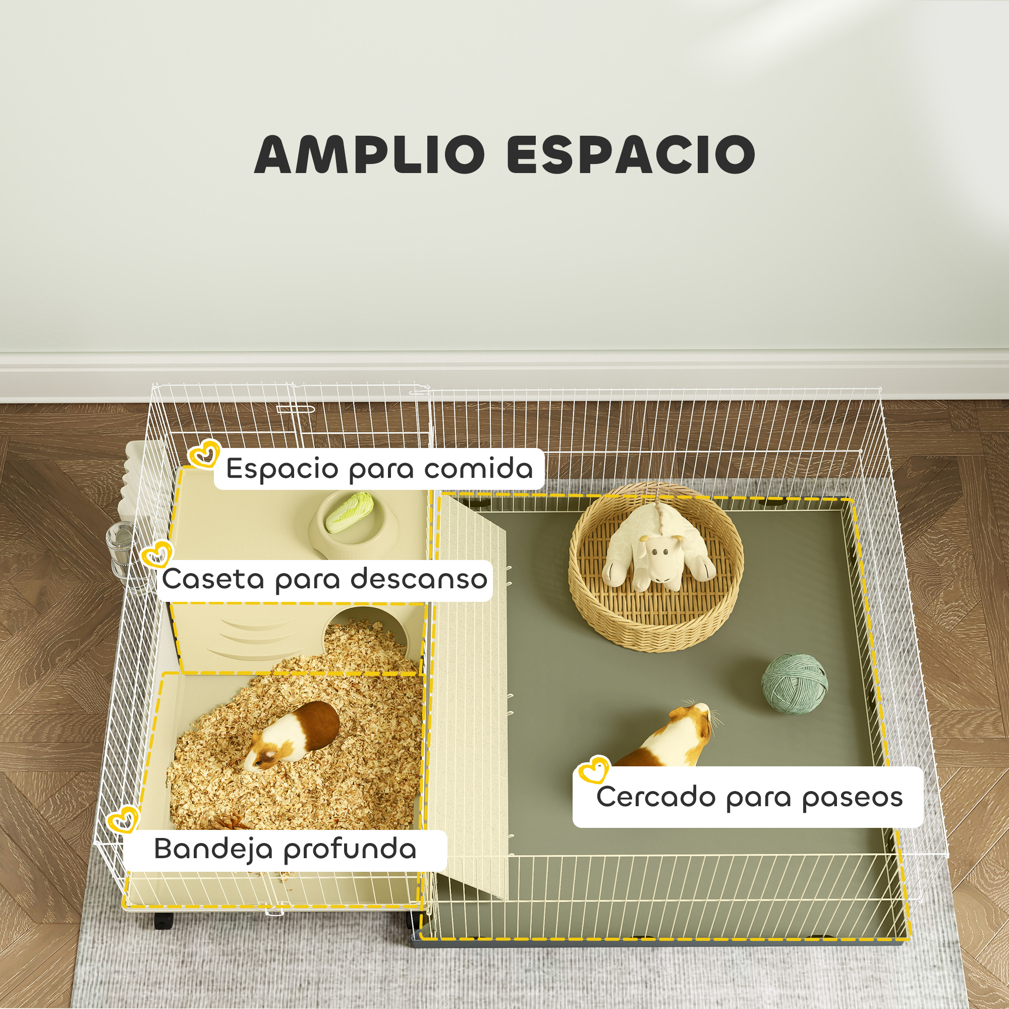 Jaula de cobayas con áreas etiquetadas: comida, refugio, bandeja profunda, y área de paseo.