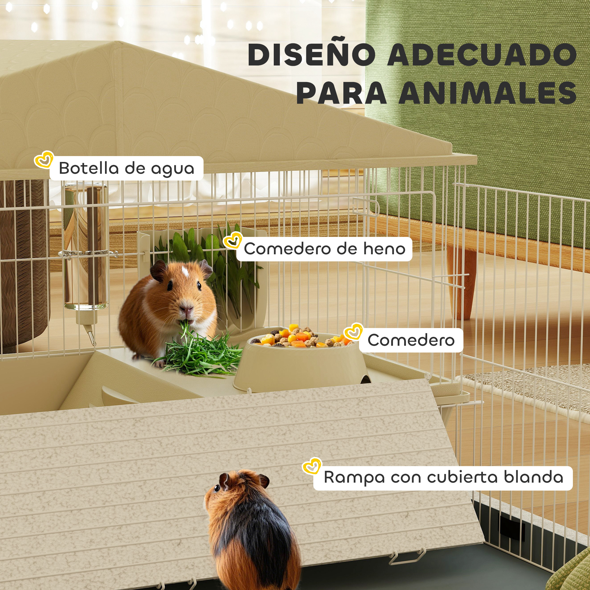 Cobaya en jaula con botella de agua, comedero de heno, comedero y rampa con cubierta blanda.