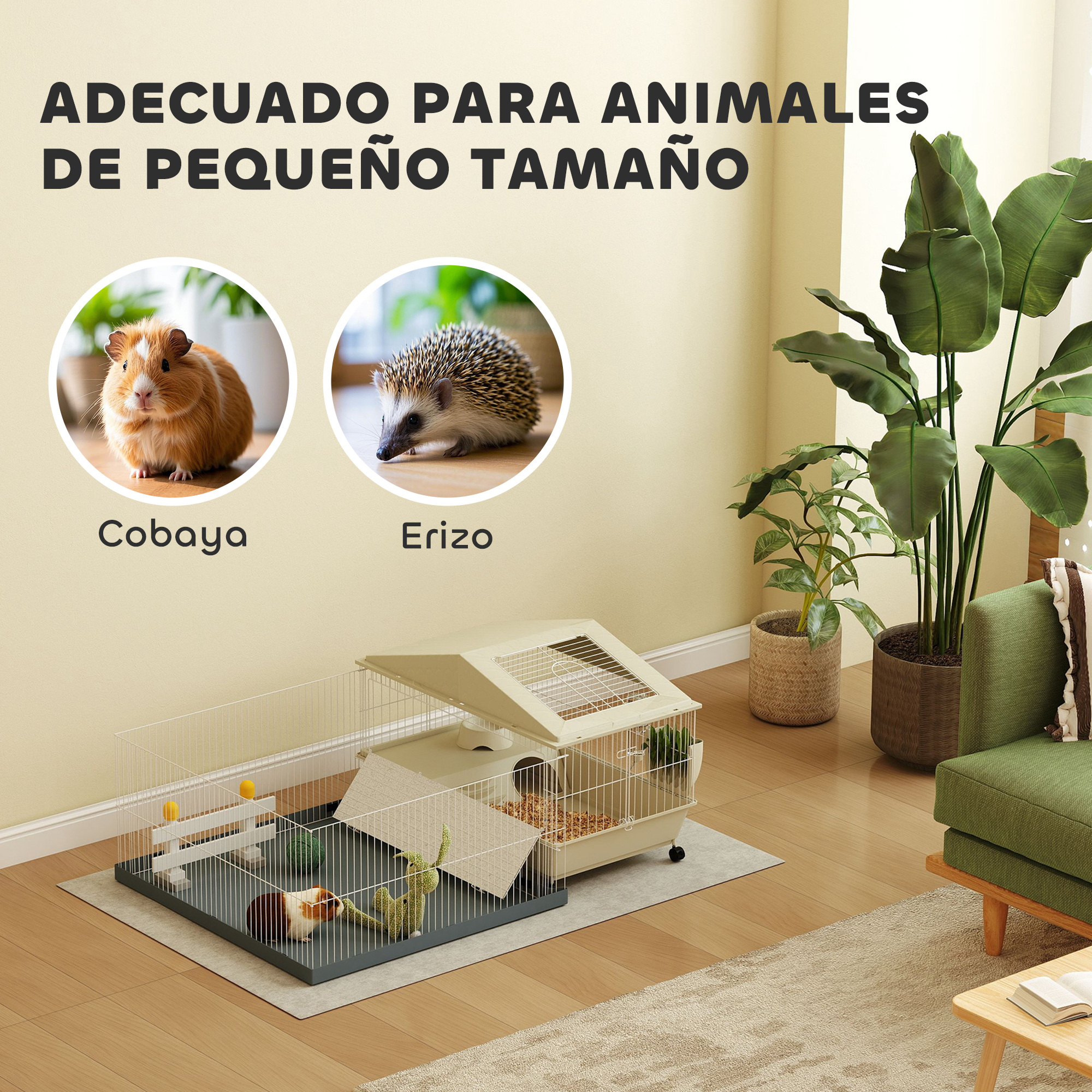 Hábitat para animales pequeños con cobaya y erizo. Salón moderno con plantas al fondo.