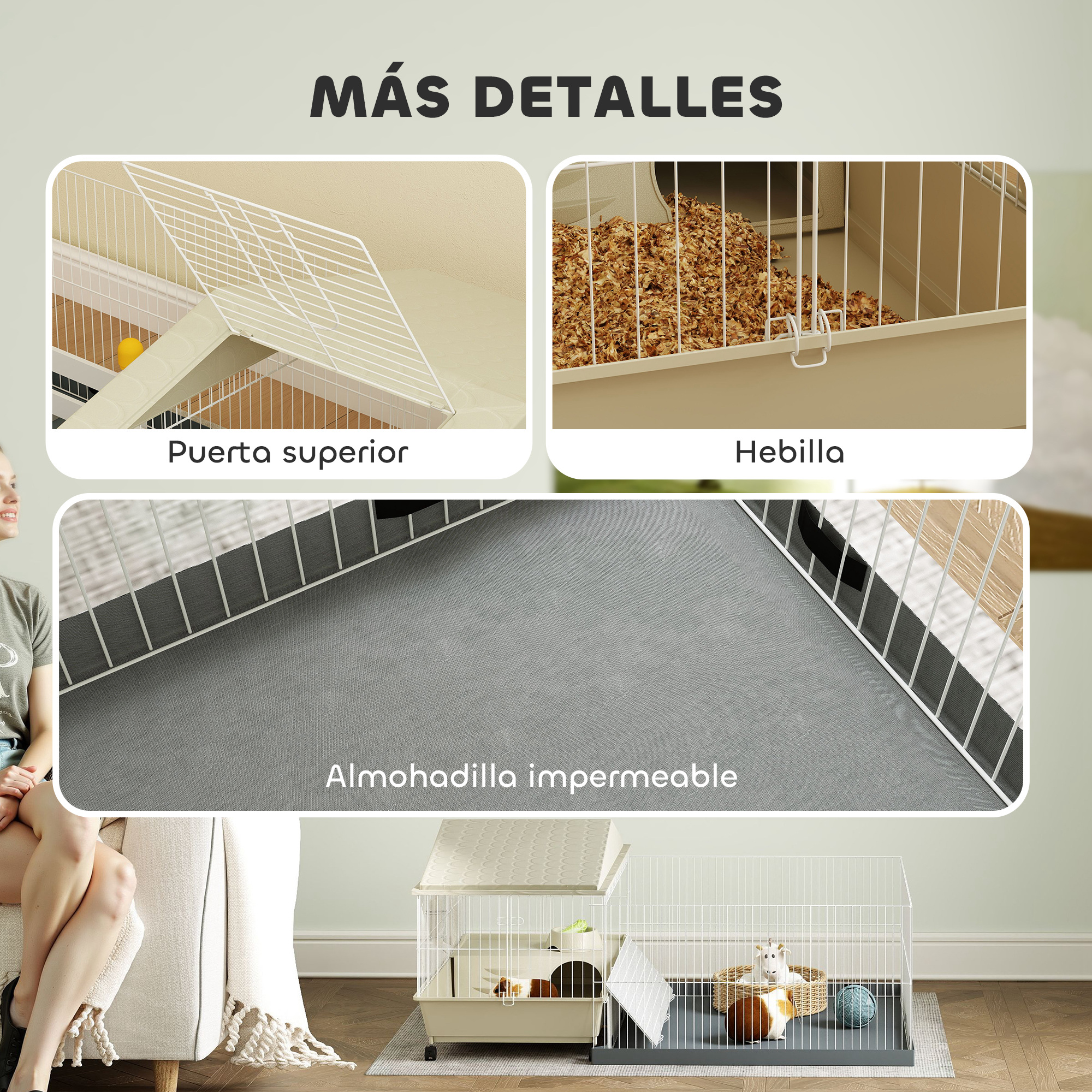 Detalles de la jaula de cobayas: puerta superior, hebilla y alfombrilla impermeable. Detalles adicionales.