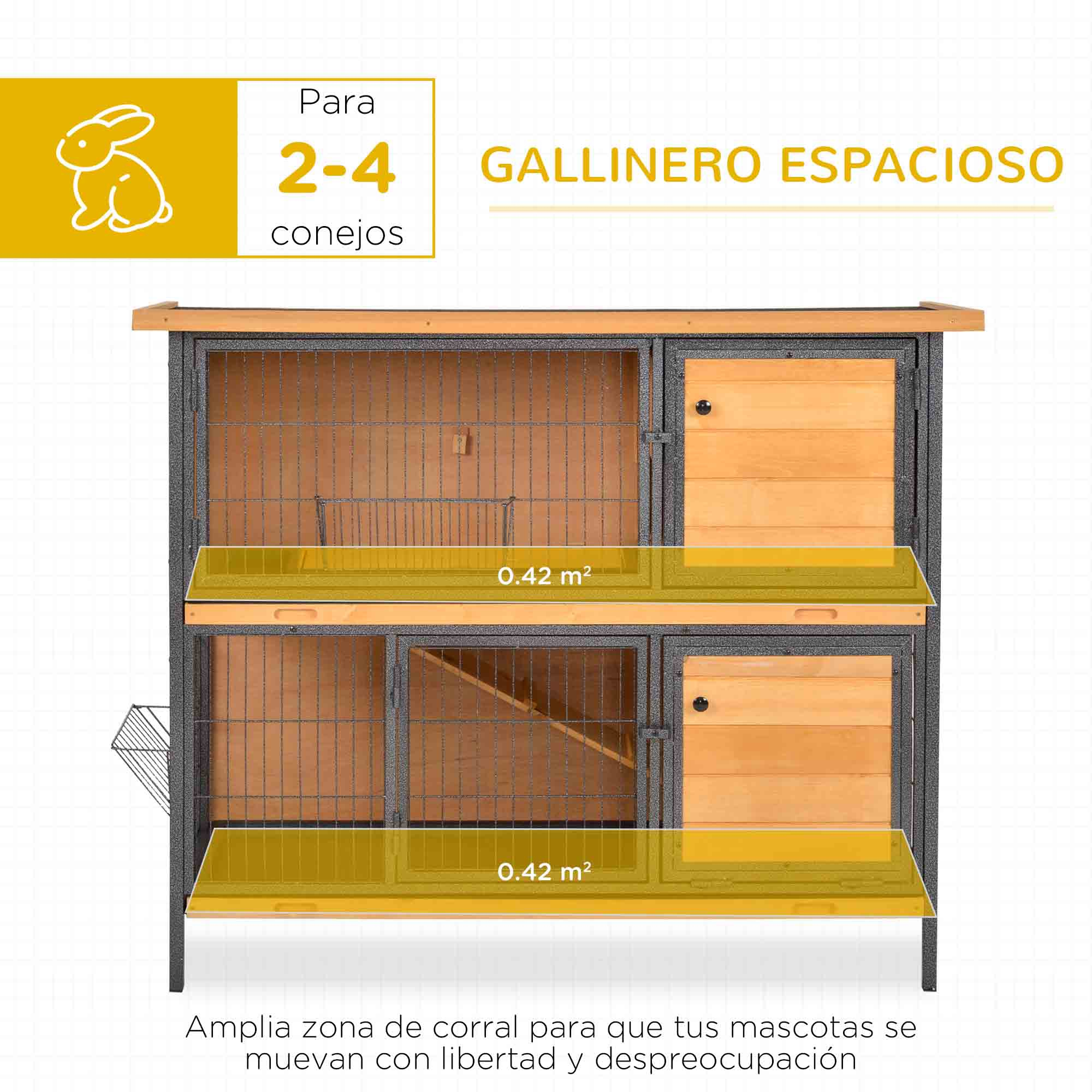 Una conejera de madera muestra el tamaño y el área espaciosa para 2-4 conejos.