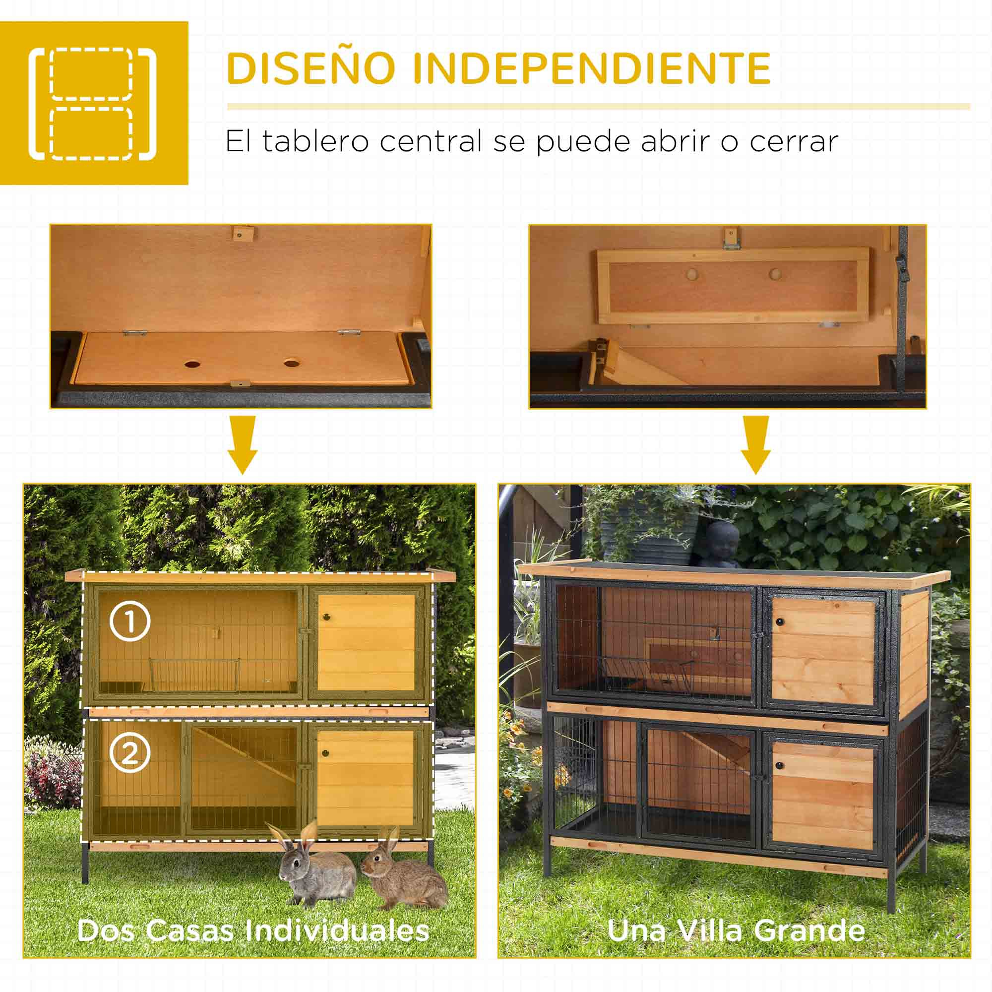 Dos conejeras, una apilada. Cada una tiene caja de madera y jaula de alambre. Conejos mostrados.