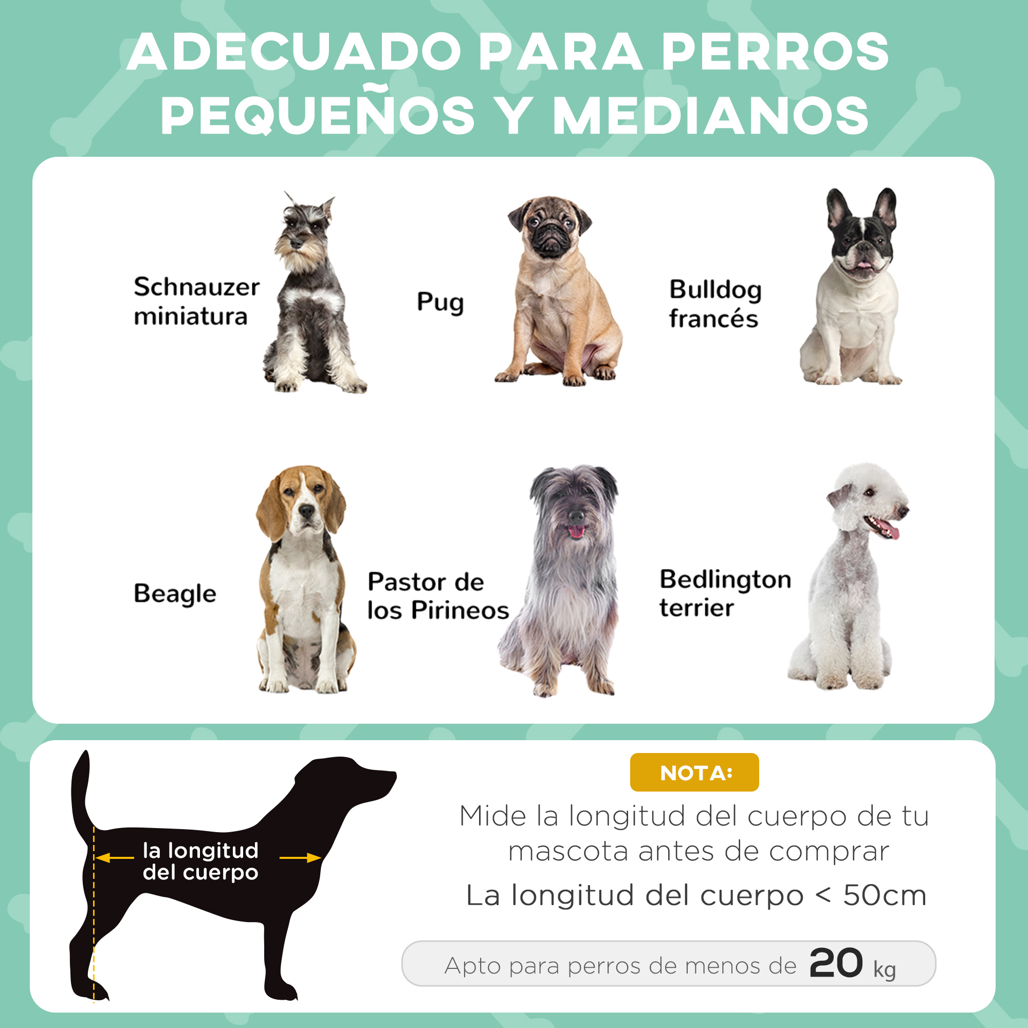 La imagen muestra razas de perros y una jaula, el texto indica que es para perros pequeños y medianos.