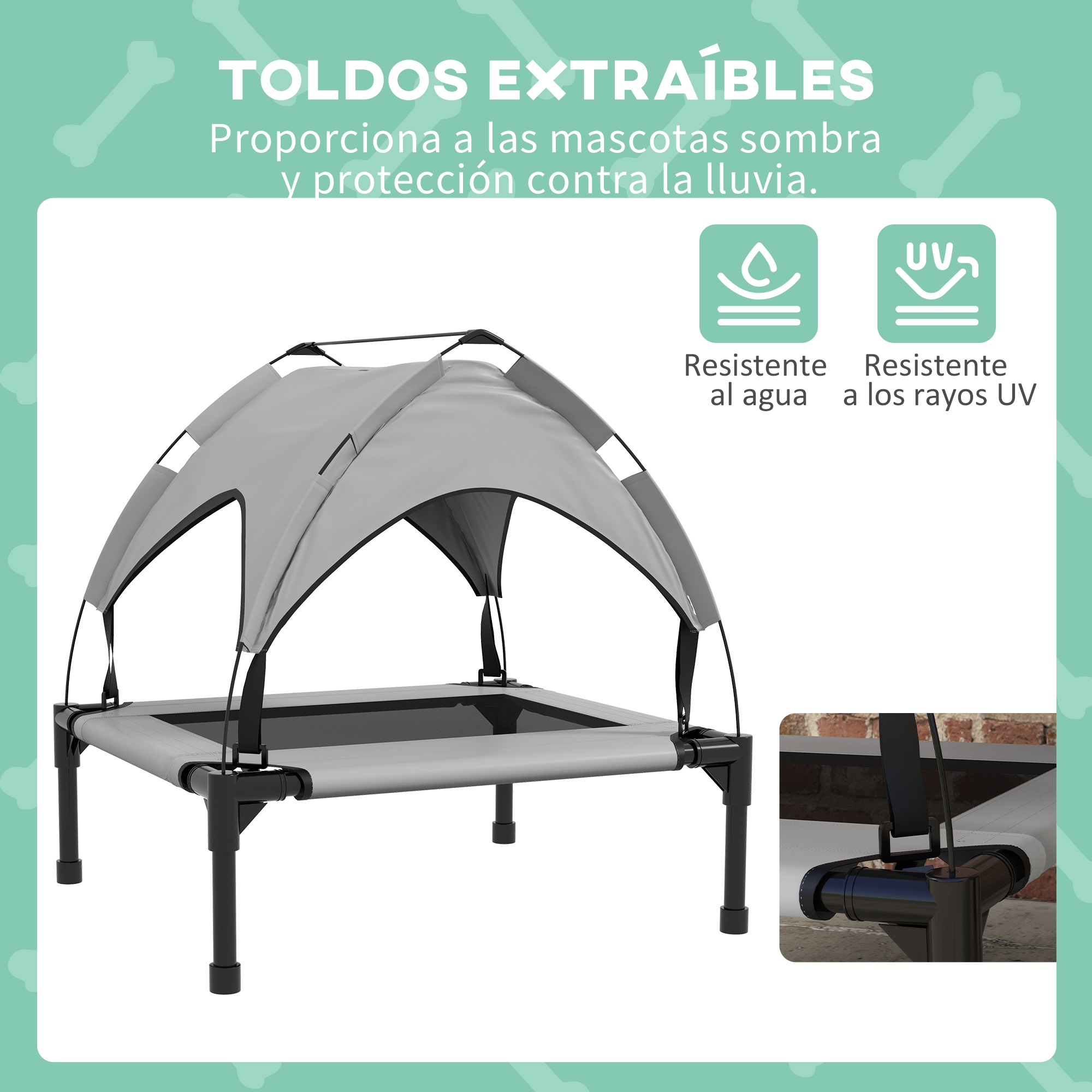 Cama gris para mascotas con dosel. La cama tiene patas negras. Resistente al agua y UV.