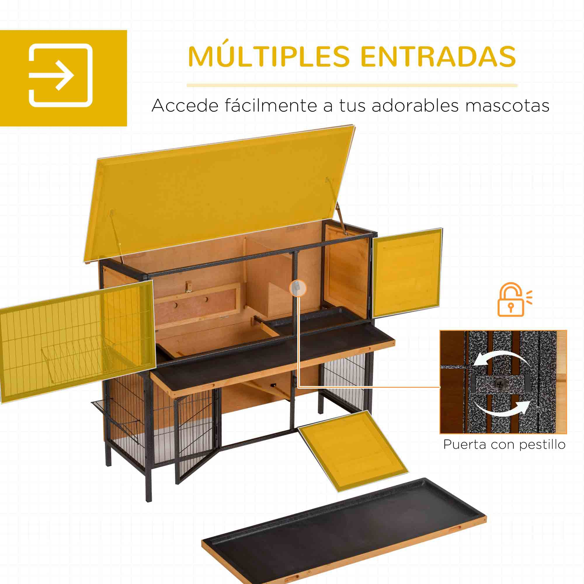 Casa de mascotas de madera con múltiples entradas. La casa tiene bandeja negra y puertas amarillas. Cerradura.